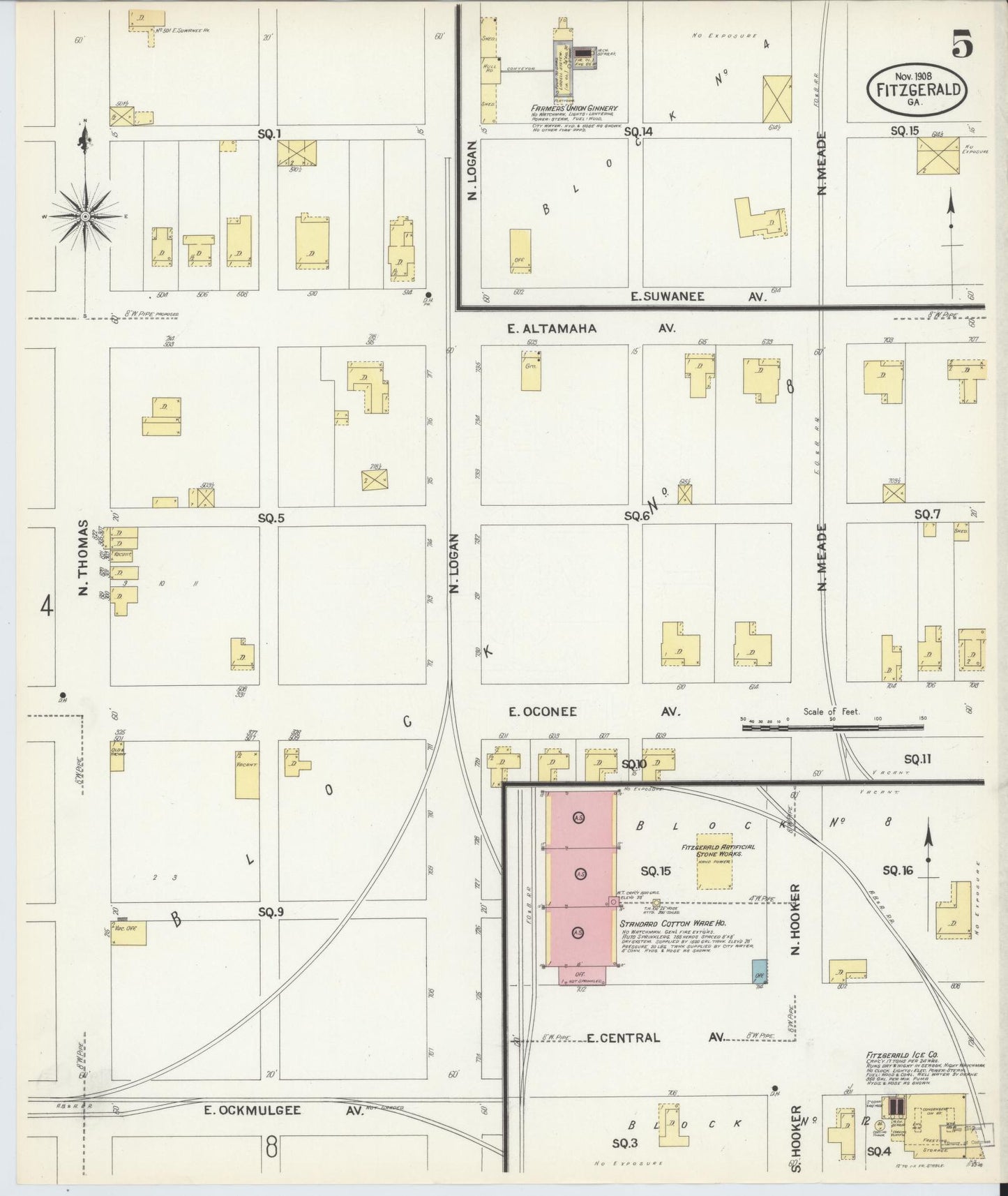 Sanborn Fire Insurance Map from Fitzgerald, Ben Hill County, Georgia (1908), Sheet #0005 - Complete Map Set gallery image, historic Sanborn map, vintage wall art, Georgia Georgia