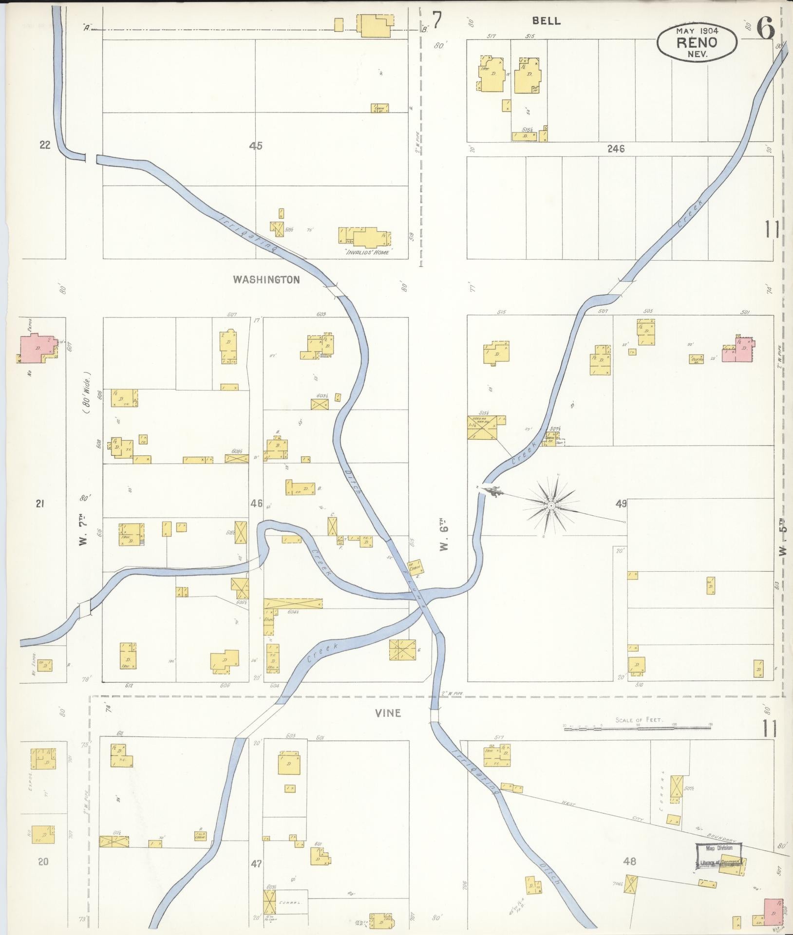 Sanborn Fire Insurance Map from Reno, Washoe County, Nevada (1904), Sheet #0006 - Historic Sanborn Fire Insurance Map Print, vintage old map wall art, antique decor, genealogy gift, Nevada Nevada map