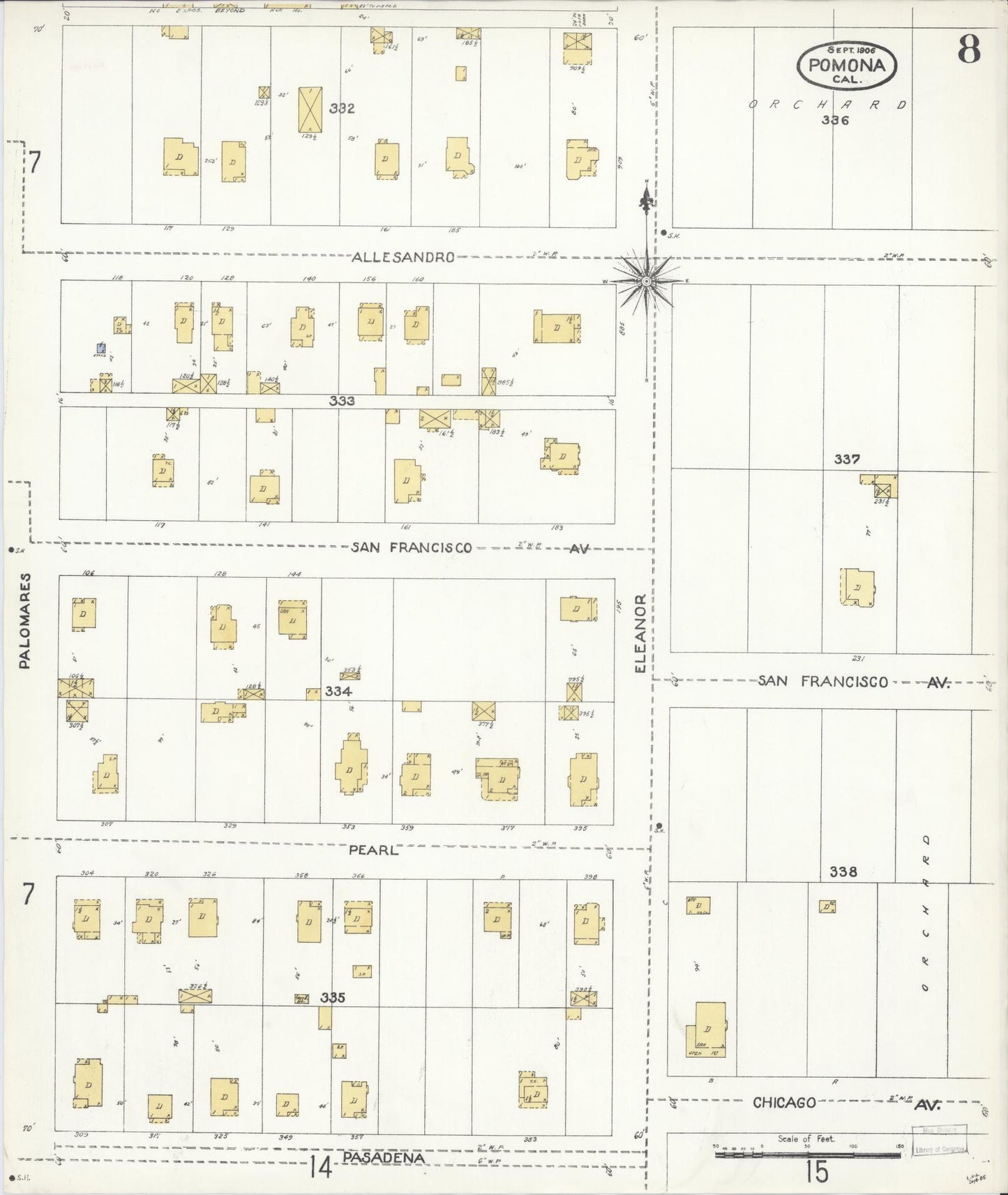 Sanborn Fire Insurance Map from Pomona, Los Angeles County, California (1906), Sheet #0008 - Complete Map Set gallery image, historic Sanborn map, vintage wall art, California California