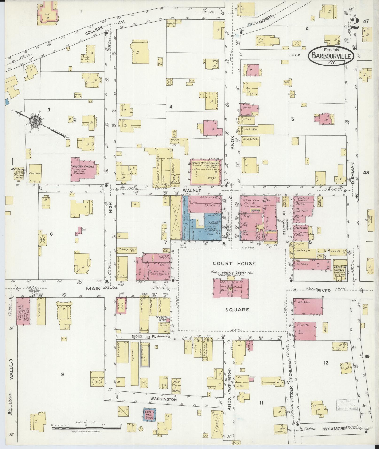 Sanborn Fire Insurance Map from Barbourville, Knox County, Kentucky (1919), Sheet #0002 - Historic Sanborn Fire Insurance Map Print, vintage old map wall art, antique decor, genealogy gift, Kentucky Kentucky map