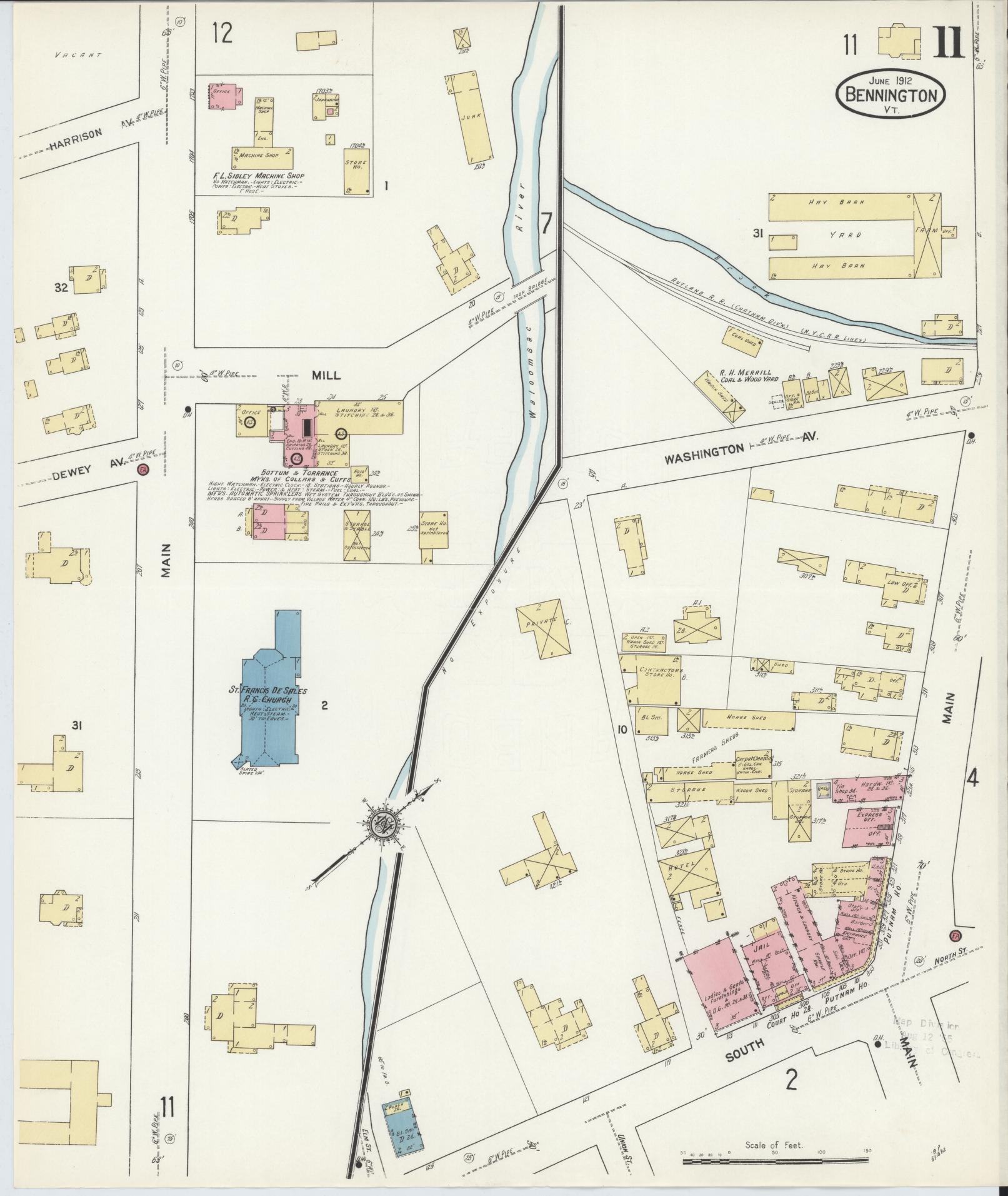 Sanborn Fire Insurance Map from Bennington, Bennington County, Vermont (1912), Sheet #0011 - Complete Map Set gallery image, historic Sanborn map, vintage wall art, Vermont Vermont