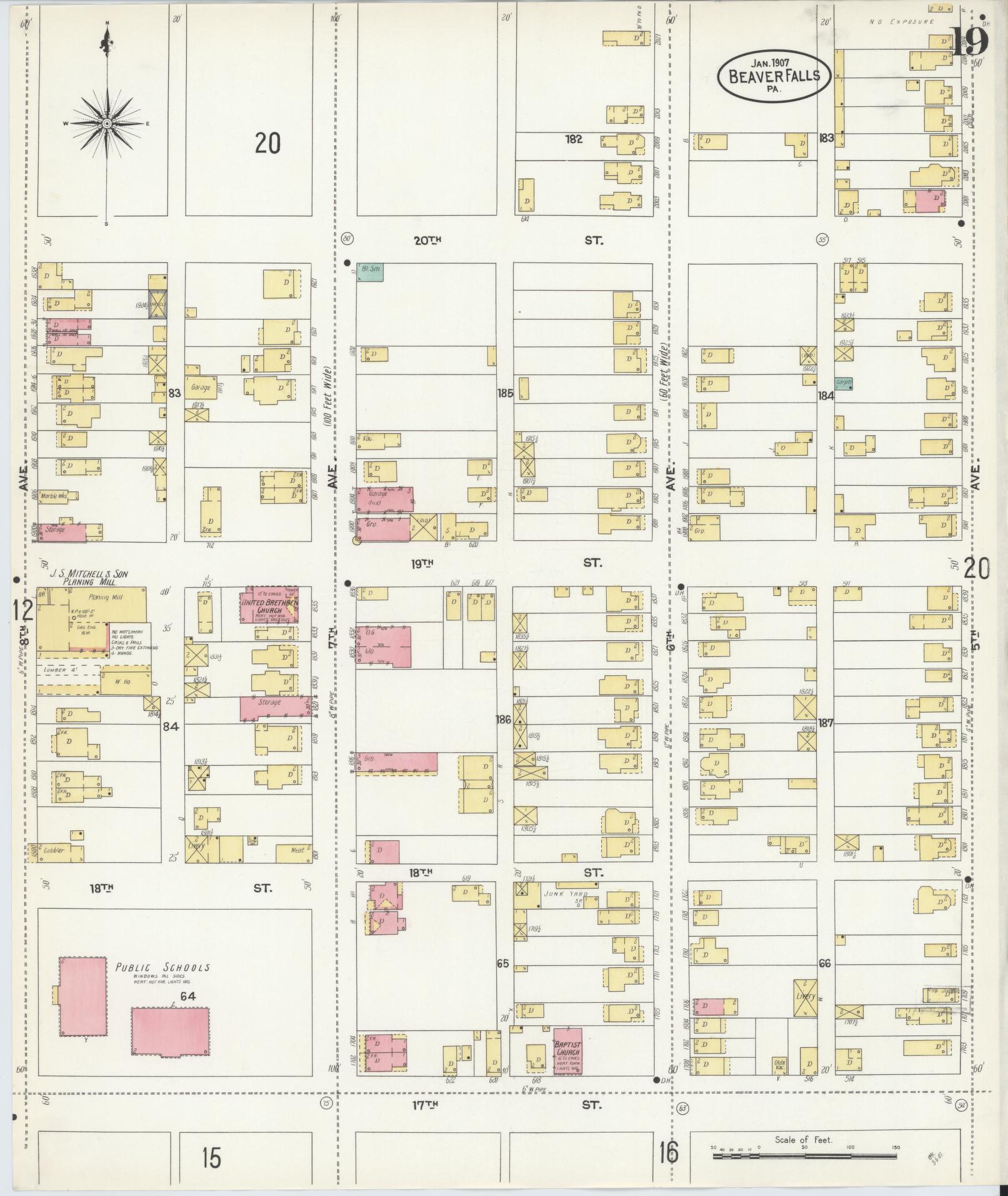 Sanborn Fire Insurance Map from Beaver Falls, Beaver County, Pennsylvania (1907), Sheet #0019 - Historic Sanborn Fire Insurance Map Print, vintage old map wall art, antique decor, genealogy gift, Pennsylvania Pennsylvania map