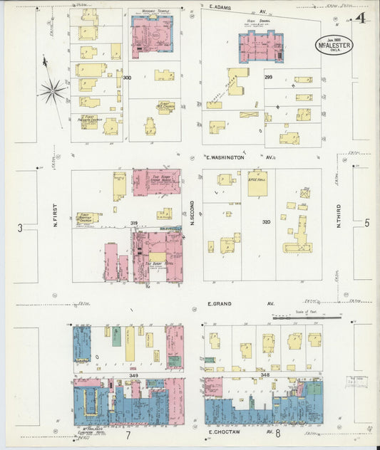 Sanborn Fire Insurance Map from McAlester, Pittsburg County, Oklahoma (1908), Sheet #0004 - Historic Sanborn Fire Insurance Map Print, vintage old map wall art, antique decor, genealogy gift, Oklahoma Oklahoma map