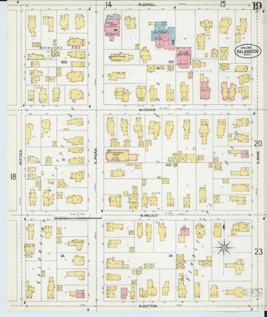 Sanborn Fire Insurance Map from Kalamazoo, Kalamazoo County, Michigan (1902), Sheet #0019 - Historic Sanborn Fire Insurance Map Print, vintage old map wall art, antique decor, genealogy gift, Michigan Michigan map