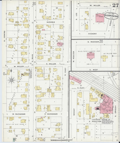 Sanborn Fire Insurance Map from Bloomington, McLean County, Illinois (1896), Sheet #0027 - Historic Sanborn Fire Insurance Map Print, vintage old map wall art, antique decor, genealogy gift, Illinois Illinois map