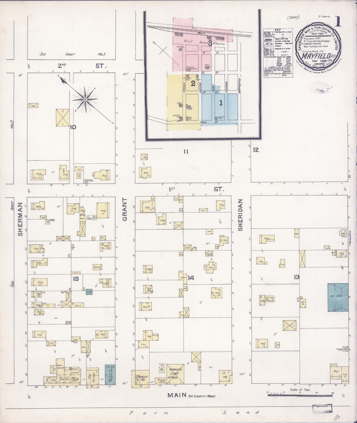 Sanborn Fire Insurance Map from Mayfield, Santa Clara County, California (1888), Sheet #0001 - Complete Map Set gallery image, historic Sanborn map, vintage wall art, California California