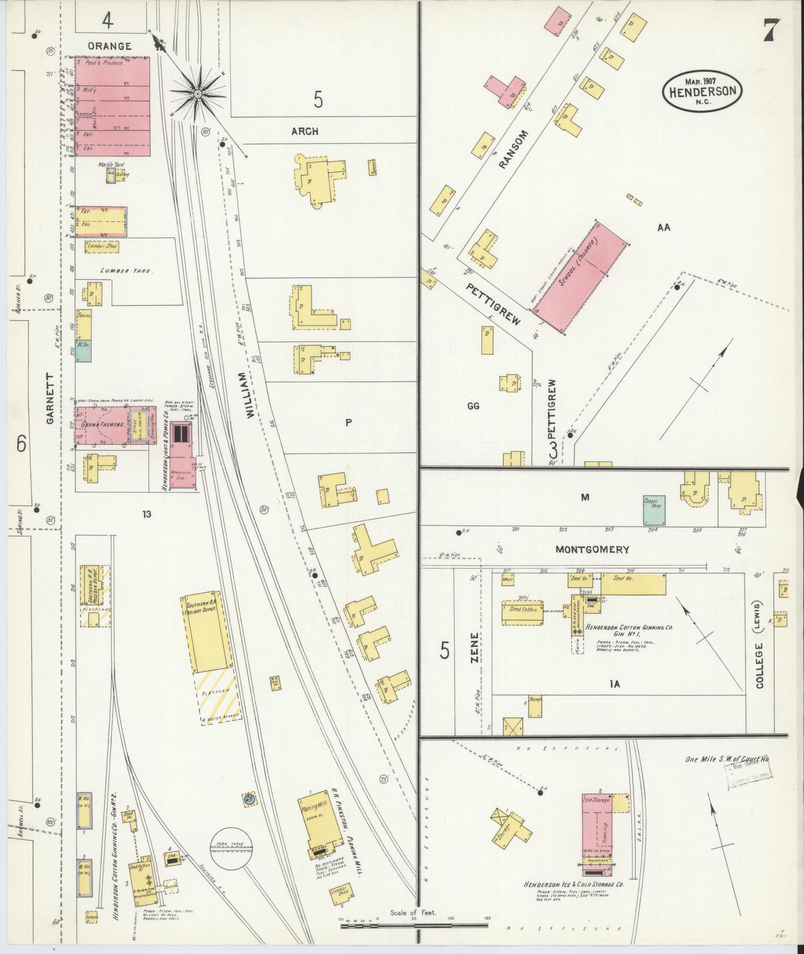 Sanborn Fire Insurance Map from Henderson, Vance County, North Carolina (1907), Sheet #0007 - Complete Map Set gallery image, historic Sanborn map, vintage wall art, North Carolina North Carolina