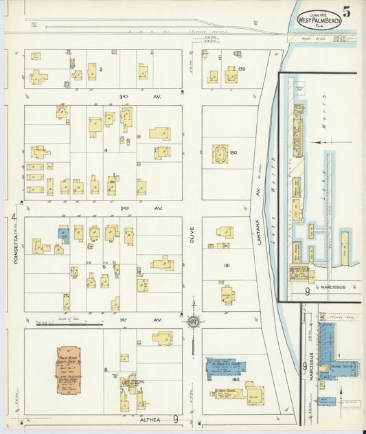 Sanborn Fire Insurance Map from West Palm Beach, Dade County, Florida (1915), Sheet #0005 - Historic Sanborn Fire Insurance Map Print, vintage old map wall art, antique decor, genealogy gift, Florida Florida map