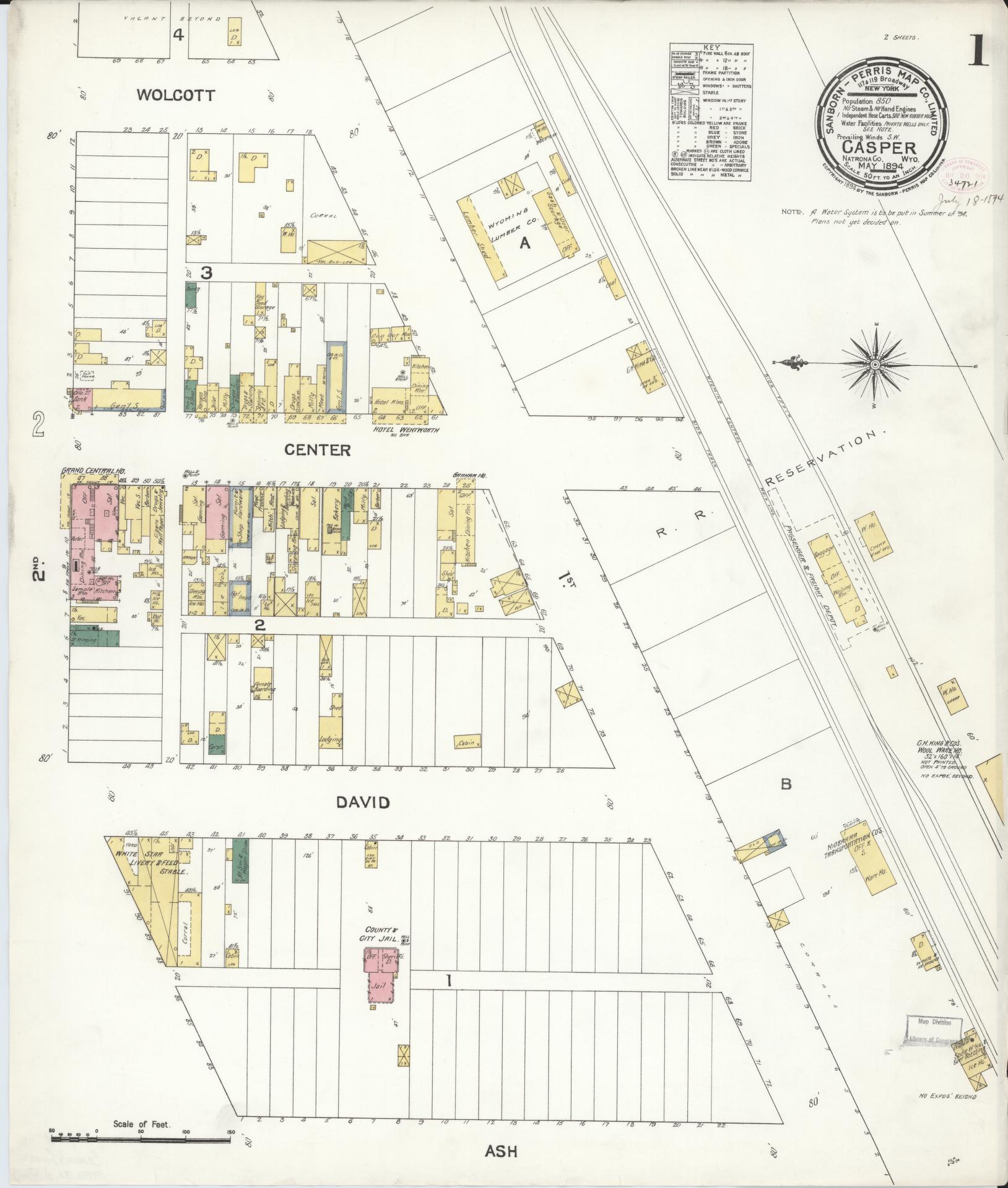 Sanborn Fire Insurance Map from Casper, Natrona County, Wyoming. (1894) – Historic Sanborn Fire Insurance Map Print