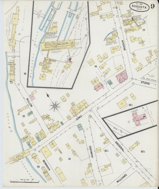 Sanborn Fire Insurance Map from Augusta, Kennebec County, Maine (1889), Sheet #0009 - Historic Sanborn Fire Insurance Map Print, vintage old map wall art, antique decor, genealogy gift, Maine Maine map