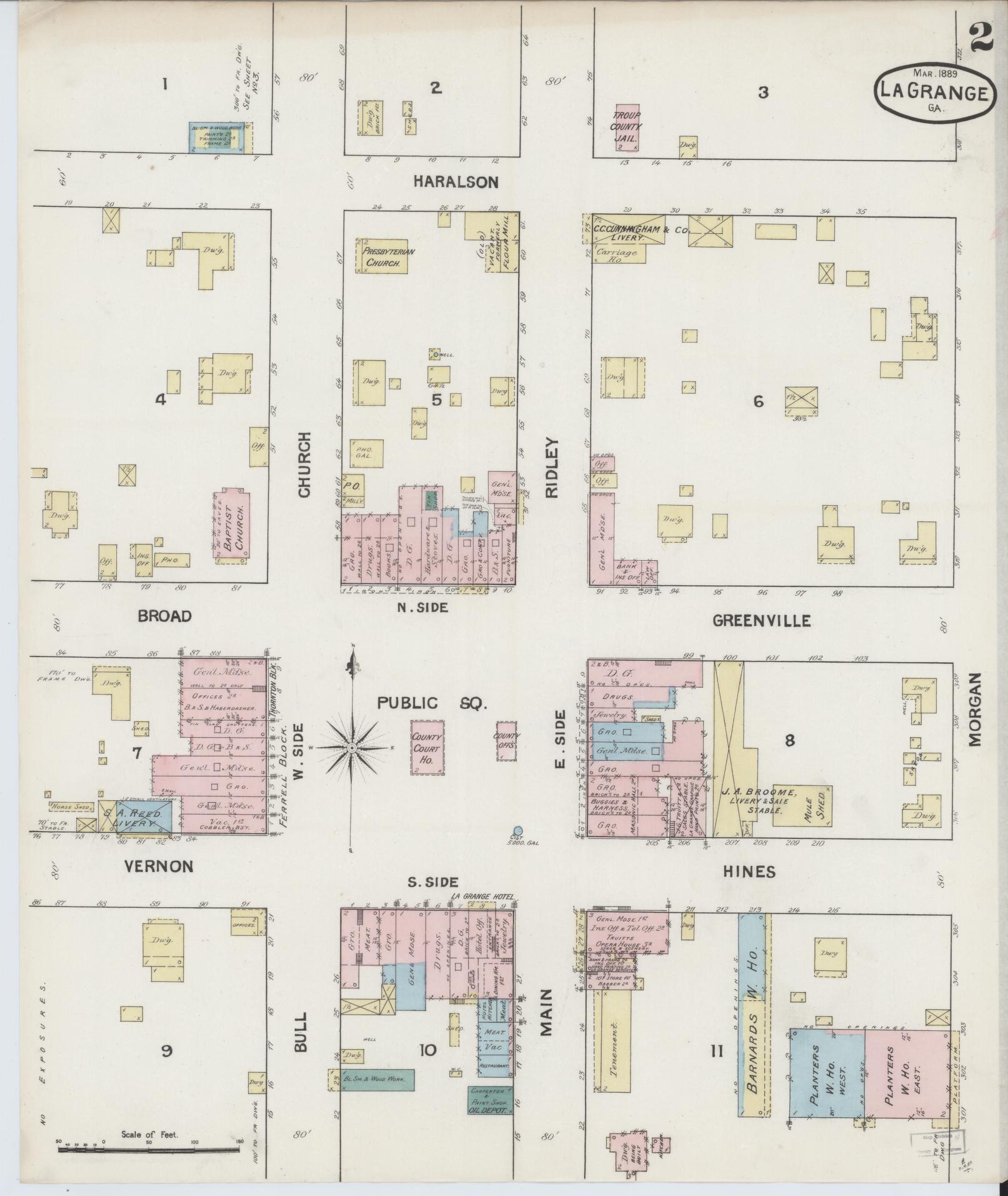 Sanborn Fire Insurance Map from La Grange, Troup County, Georgia (1889), Sheet #0002 - Complete Map Set gallery image, historic Sanborn map, vintage wall art, Georgia Georgia