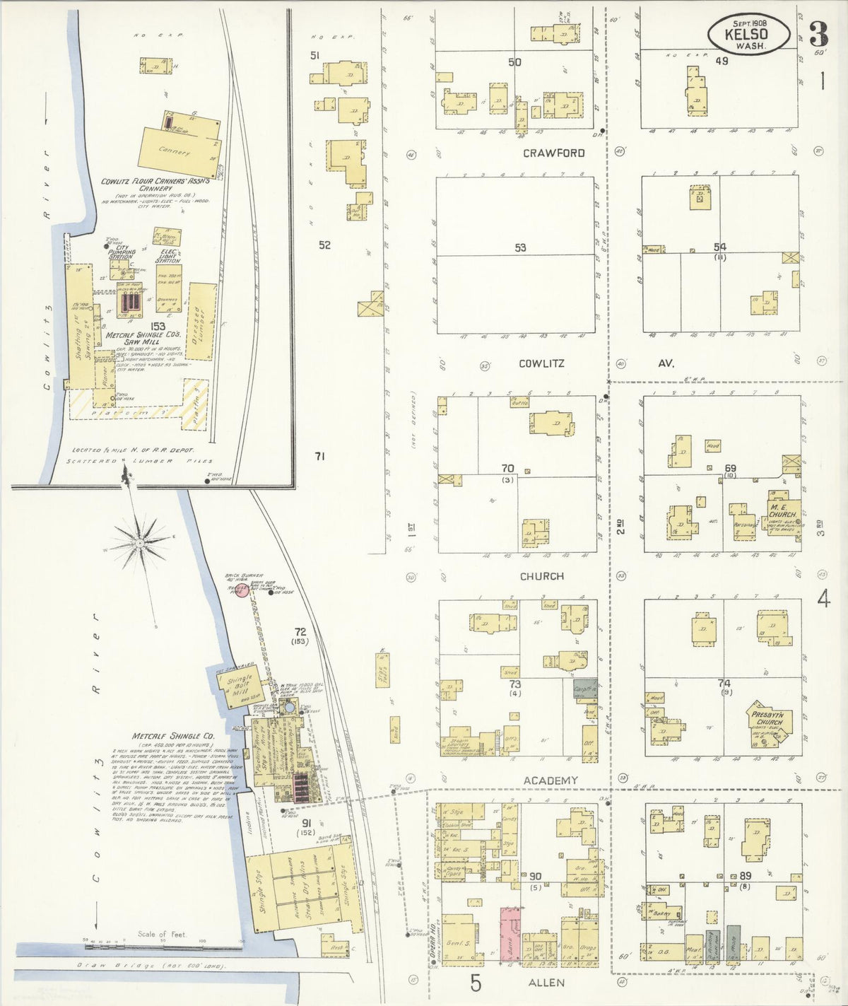 Sanborn Fire Insurance Map from Kelso, Cowlitz County, Washington (1908), Sheet #0003 - Historic Sanborn Fire Insurance Map Print, vintage old map wall art, antique decor, genealogy gift, Washington Washington map