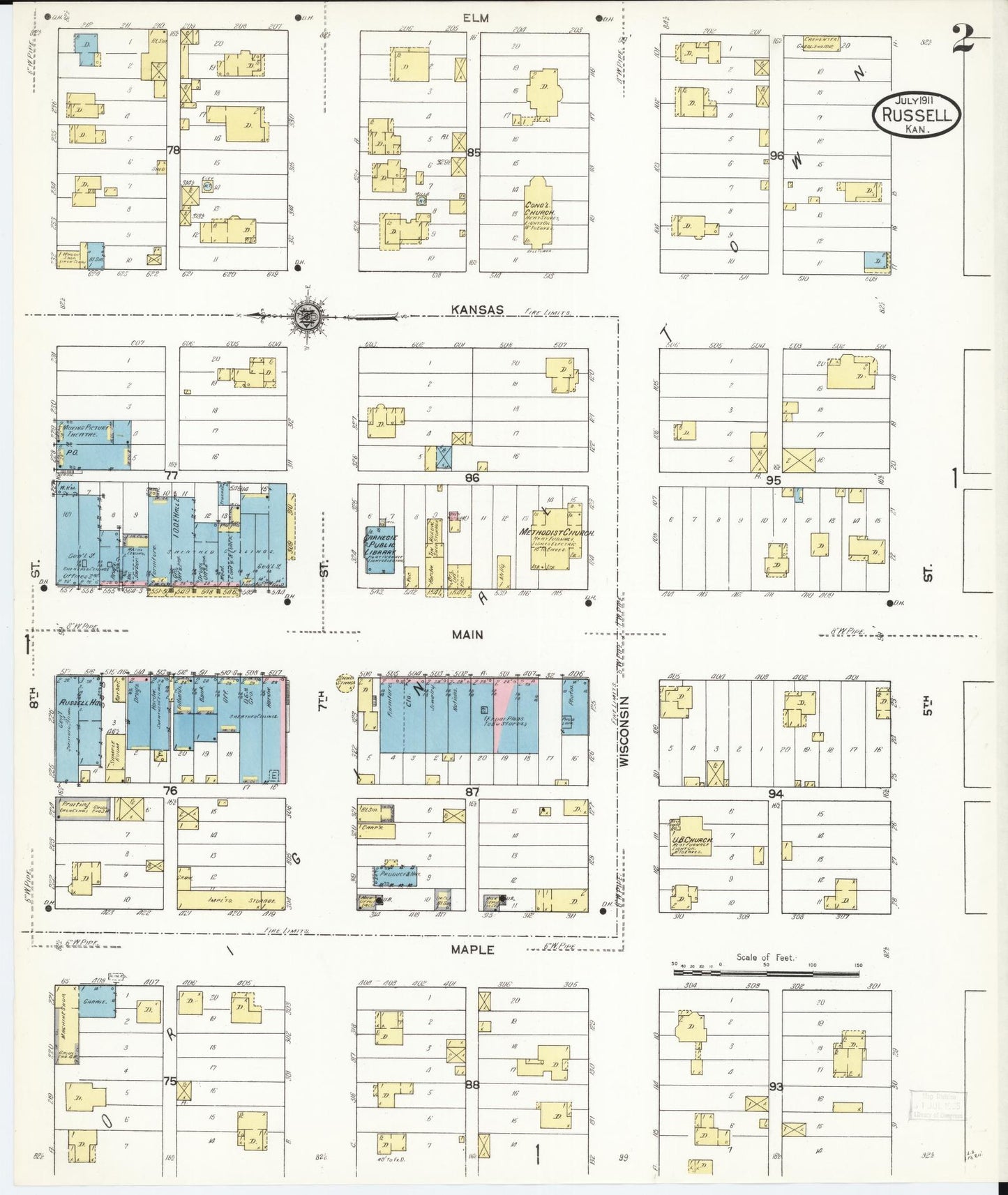 Sanborn Fire Insurance Map from Russell, Russell County, Kansas (1911), Sheet #0002 - Complete Map Set gallery image, historic Sanborn map, vintage wall art, Kansas Kansas