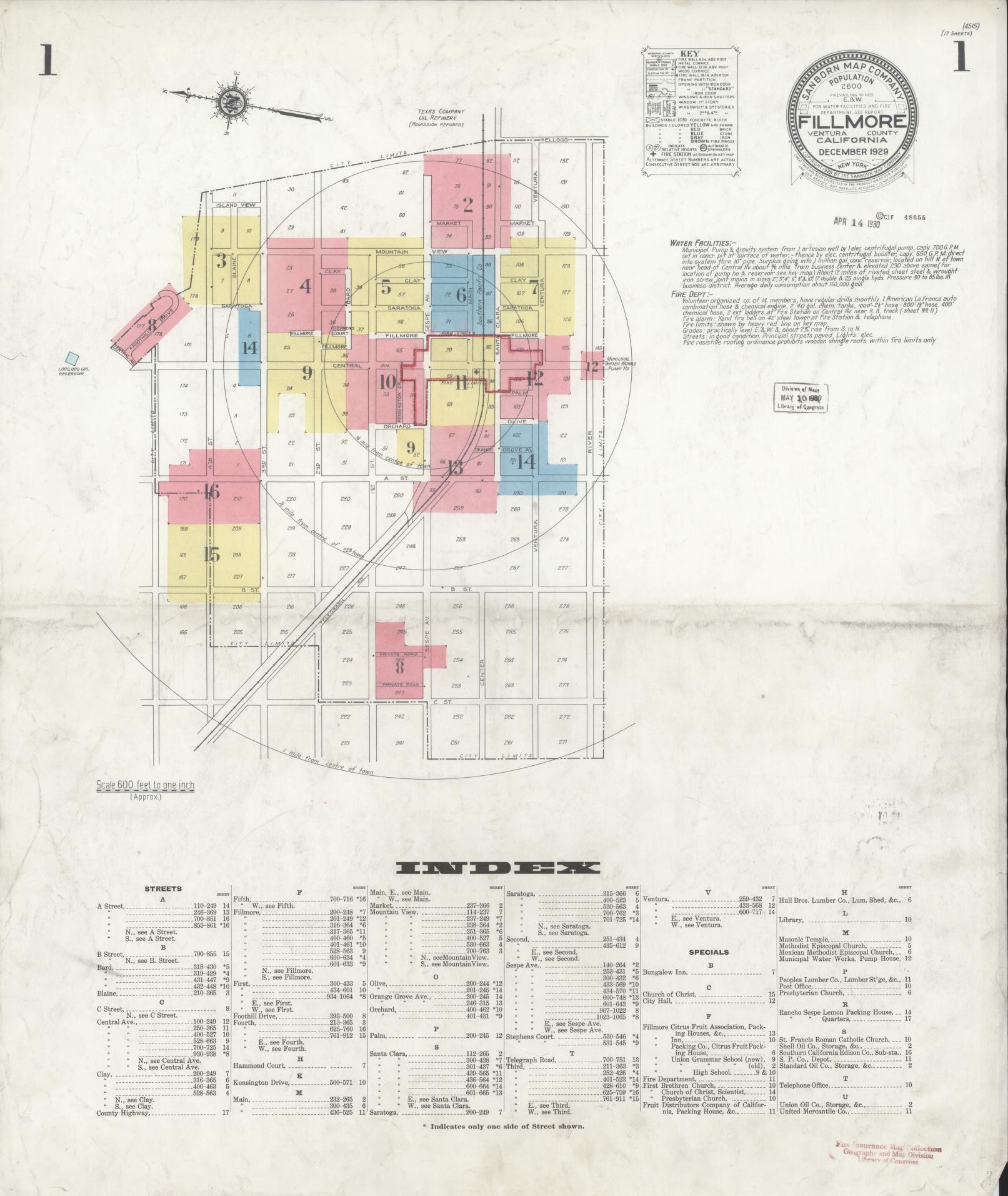 Sanborn Fire Insurance Map from Fillmore, Ventura County, California (1929), Sheet #0001 - Complete Map Set gallery image, historic Sanborn map, vintage wall art, California California