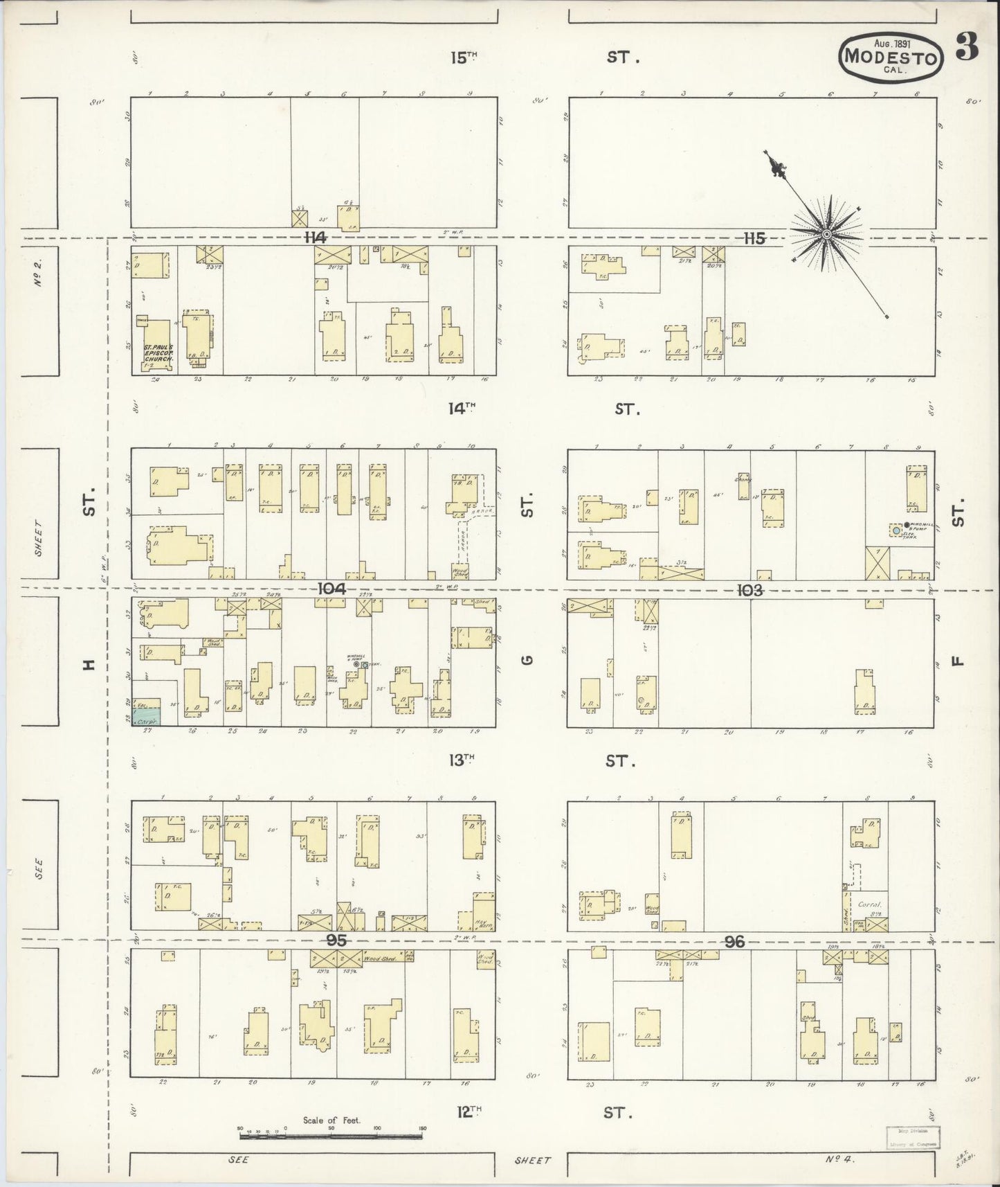 Sanborn Fire Insurance Map from Modesto, Stanislaus County, California (1891), Sheet #0003 - Historic Sanborn Fire Insurance Map Print, vintage old map wall art, antique decor, genealogy gift, California California map