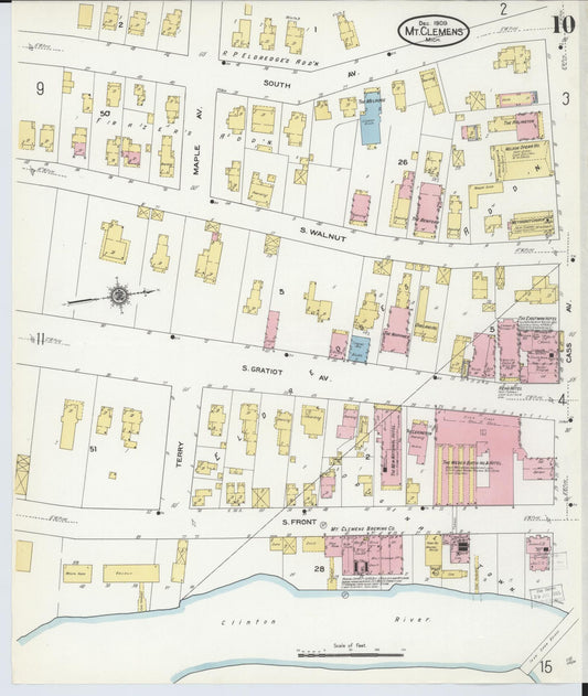Sanborn Fire Insurance Map from Mount Clemens, Macomb County, Michigan (1909), Sheet #0010 - Historic Sanborn Fire Insurance Map Print, vintage old map wall art, antique decor, genealogy gift, Michigan Michigan map