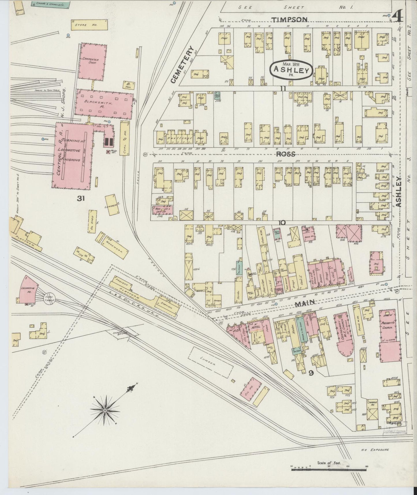 Sanborn Fire Insurance Map from Ashley, Luzerne County, Pennsylvania (1891), Sheet #0004 - Historic Sanborn Fire Insurance Map Print, vintage old map wall art, antique decor, genealogy gift, Pennsylvania Pennsylvania map