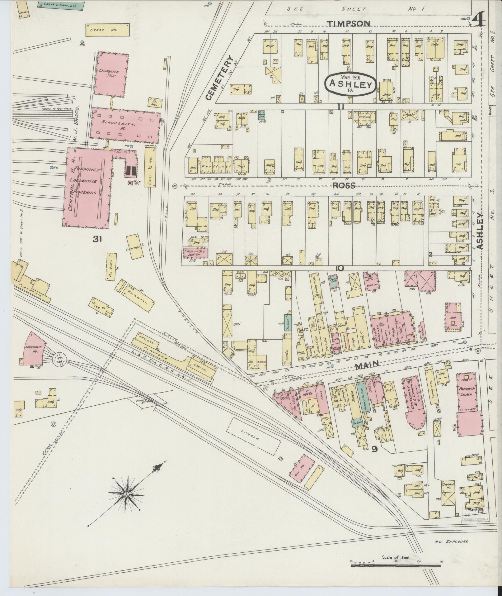 Sanborn Fire Insurance Map from Ashley, Luzerne County, Pennsylvania (1891), Sheet #0004 - Historic Sanborn Fire Insurance Map Print, vintage old map wall art, antique decor, genealogy gift, Pennsylvania Pennsylvania map