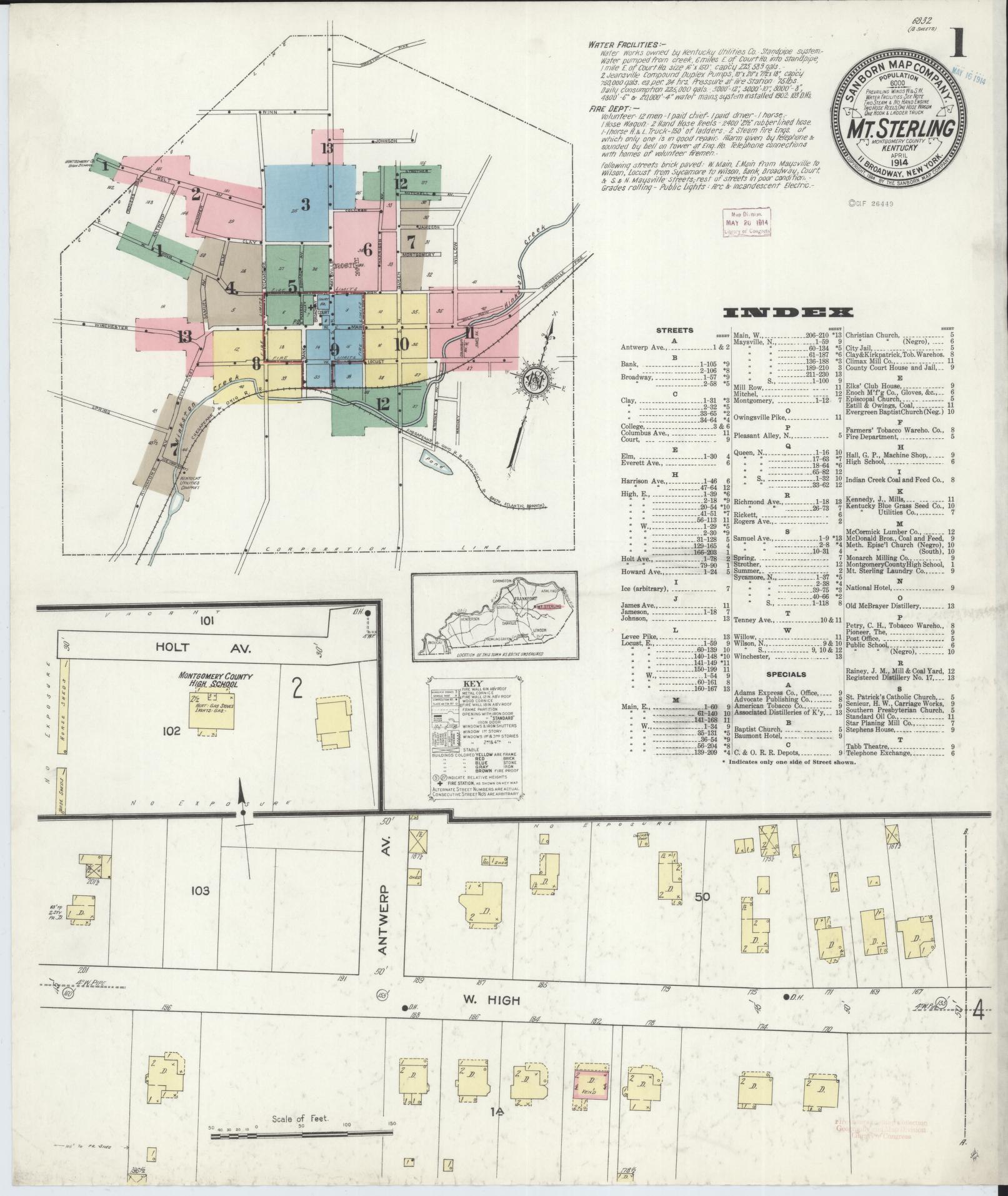 Sanborn Fire Insurance Map from Mount Sterling, Montgomery County, Kentucky (1914), Sheet #0001 - Complete Map Set gallery image, historic Sanborn map, vintage wall art, Kentucky Kentucky