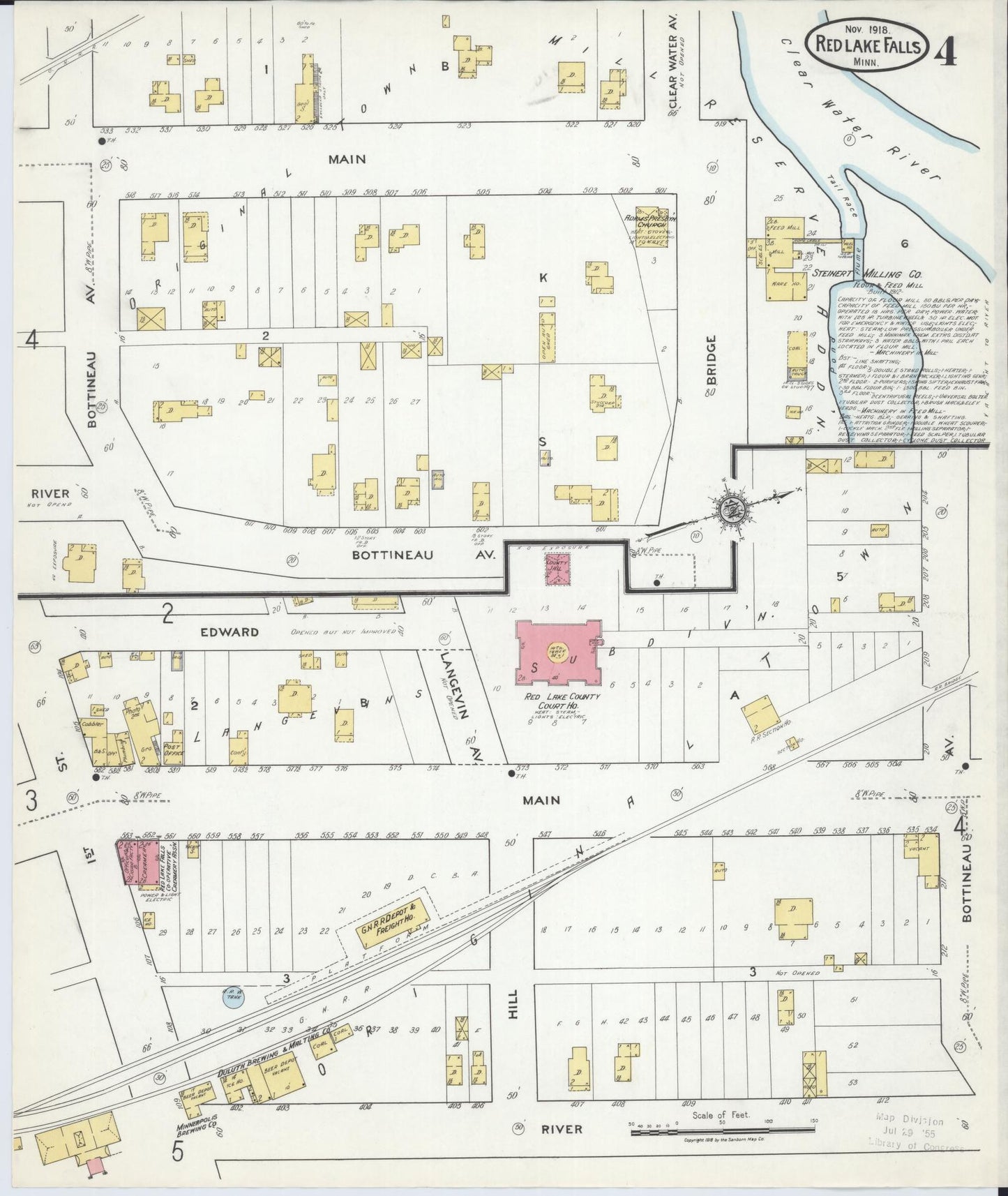 Sanborn Fire Insurance Map from Red Lake Falls, Red Lake County, Minnesota (1918), Sheet #0004 - Historic Sanborn Fire Insurance Map Print, vintage old map wall art, antique decor, genealogy gift, Minnesota Minnesota map