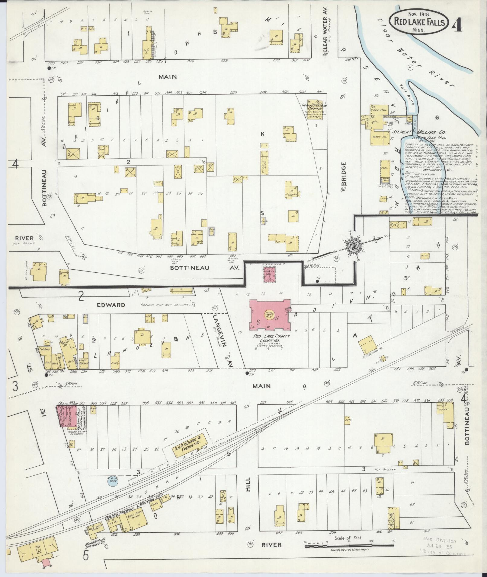 Sanborn Fire Insurance Map from Red Lake Falls, Red Lake County, Minnesota (1918), Sheet #0004 - Historic Sanborn Fire Insurance Map Print, vintage old map wall art, antique decor, genealogy gift, Minnesota Minnesota map