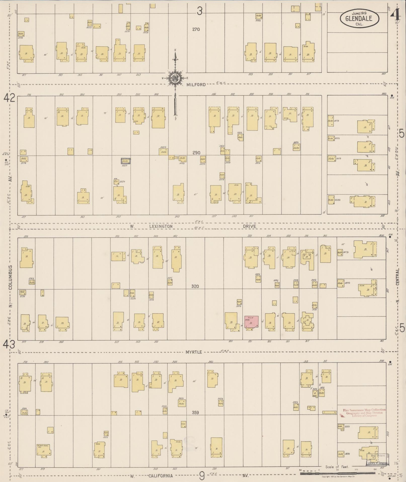 Sanborn Fire Insurance Map from Glendale, Los Angeles County, California (1919), Sheet #0004 - Historic Sanborn Fire Insurance Map Print, vintage old map wall art, antique decor, genealogy gift, California California map