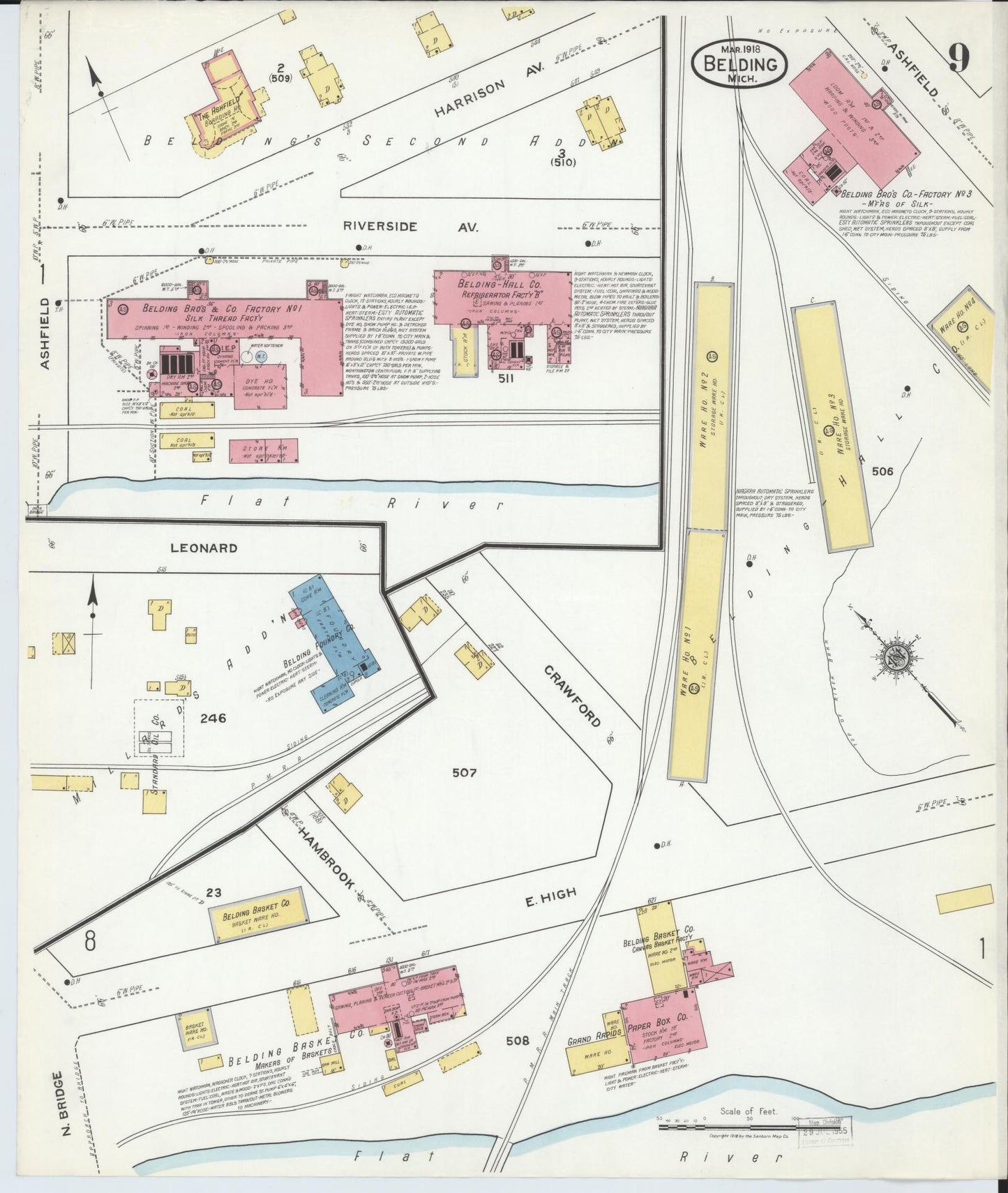 Sanborn Fire Insurance Map from Belding, Ionia County, Michigan (1918), Sheet #0009 - Complete Map Set gallery image, historic Sanborn map, vintage wall art, Michigan Michigan