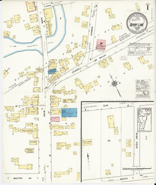 Sanborn Fire Insurance Map from Derby Line, Orleans County, Vermont (1919), Sheet #0001 - Historic Sanborn Fire Insurance Map Print, vintage old map wall art, antique decor, genealogy gift, Vermont Vermont map