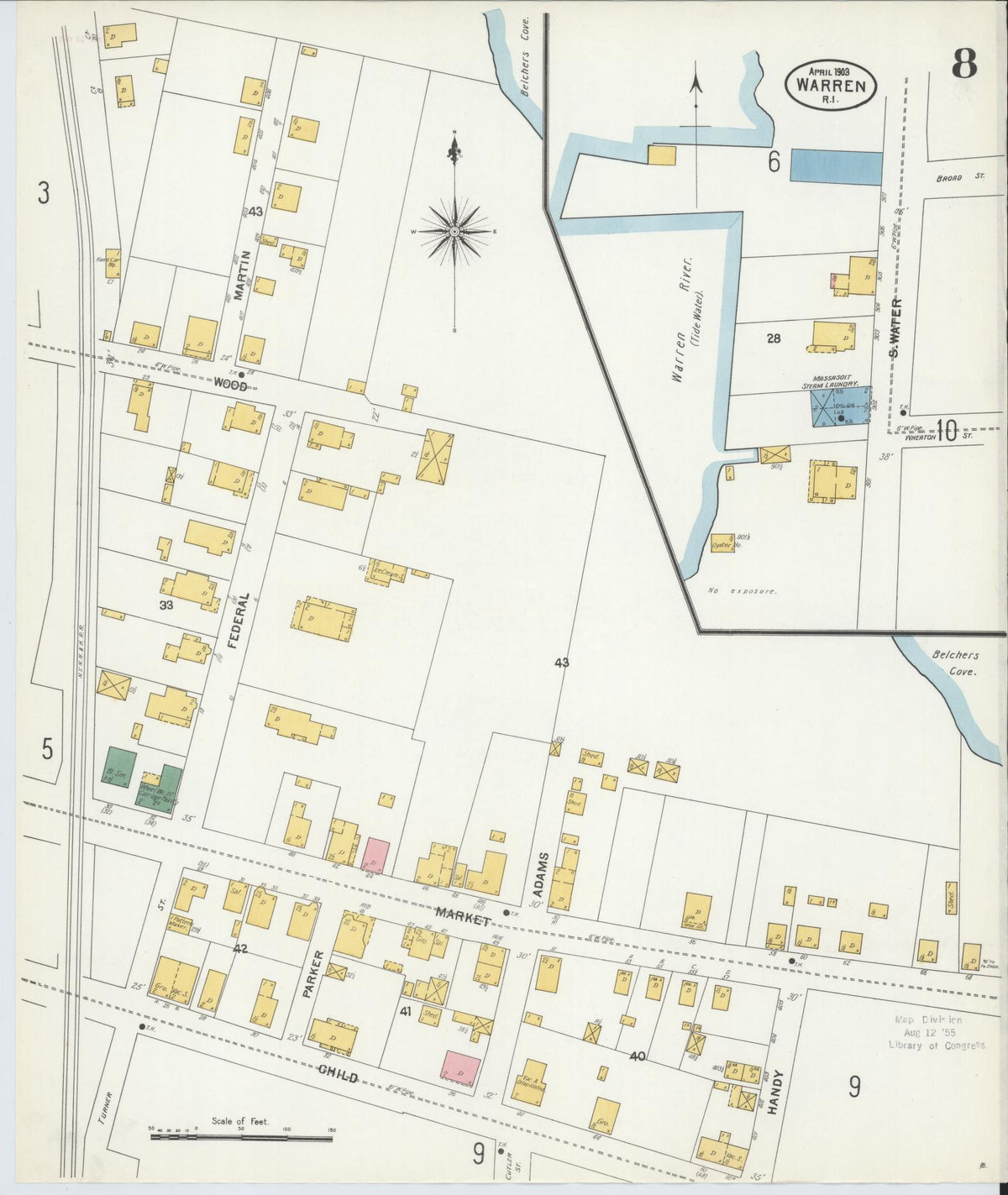 Sanborn Fire Insurance Map from Warren, Bristol County, Rhode Island (1903), Sheet #0008 - Complete Map Set gallery image, historic Sanborn map, vintage wall art, Rhode Island Rhode Island