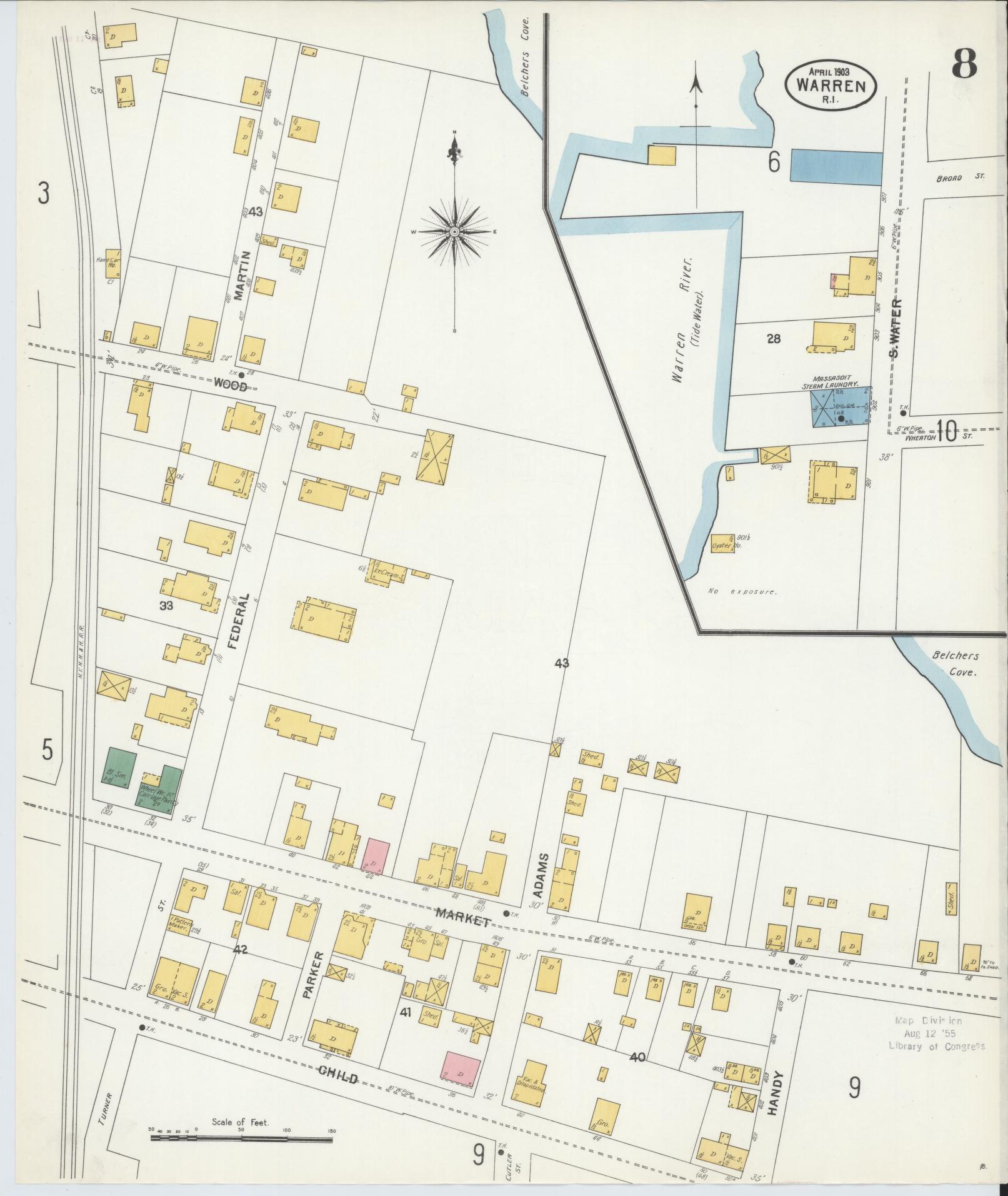 Sanborn Fire Insurance Map from Warren, Bristol County, Rhode Island (1903), Sheet #0008 - Complete Map Set gallery image, historic Sanborn map, vintage wall art, Rhode Island Rhode Island