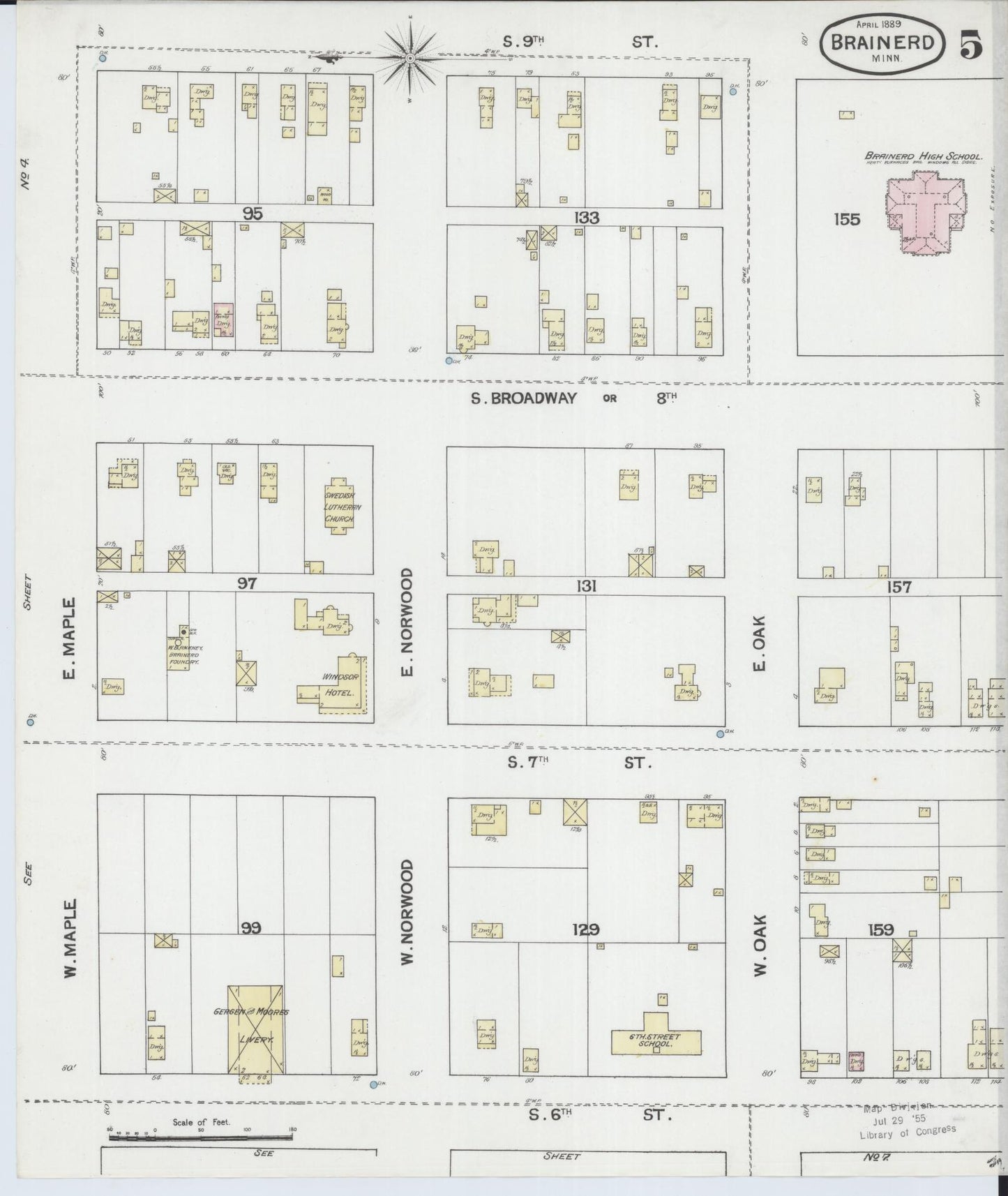 Sanborn Fire Insurance Map from Brainerd, Crow Wing County, Minnesota (1889), Sheet #0005 - Complete Map Set gallery image, historic Sanborn map, vintage wall art, Minnesota Minnesota