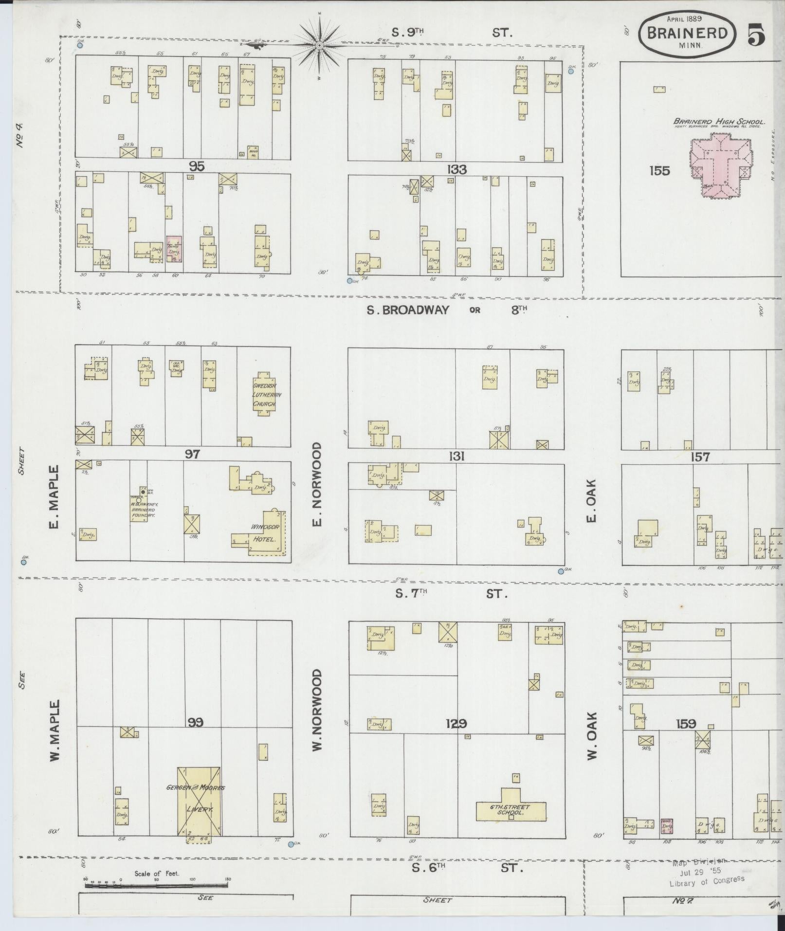 Sanborn Fire Insurance Map from Brainerd, Crow Wing County, Minnesota (1889), Sheet #0005 - Complete Map Set gallery image, historic Sanborn map, vintage wall art, Minnesota Minnesota