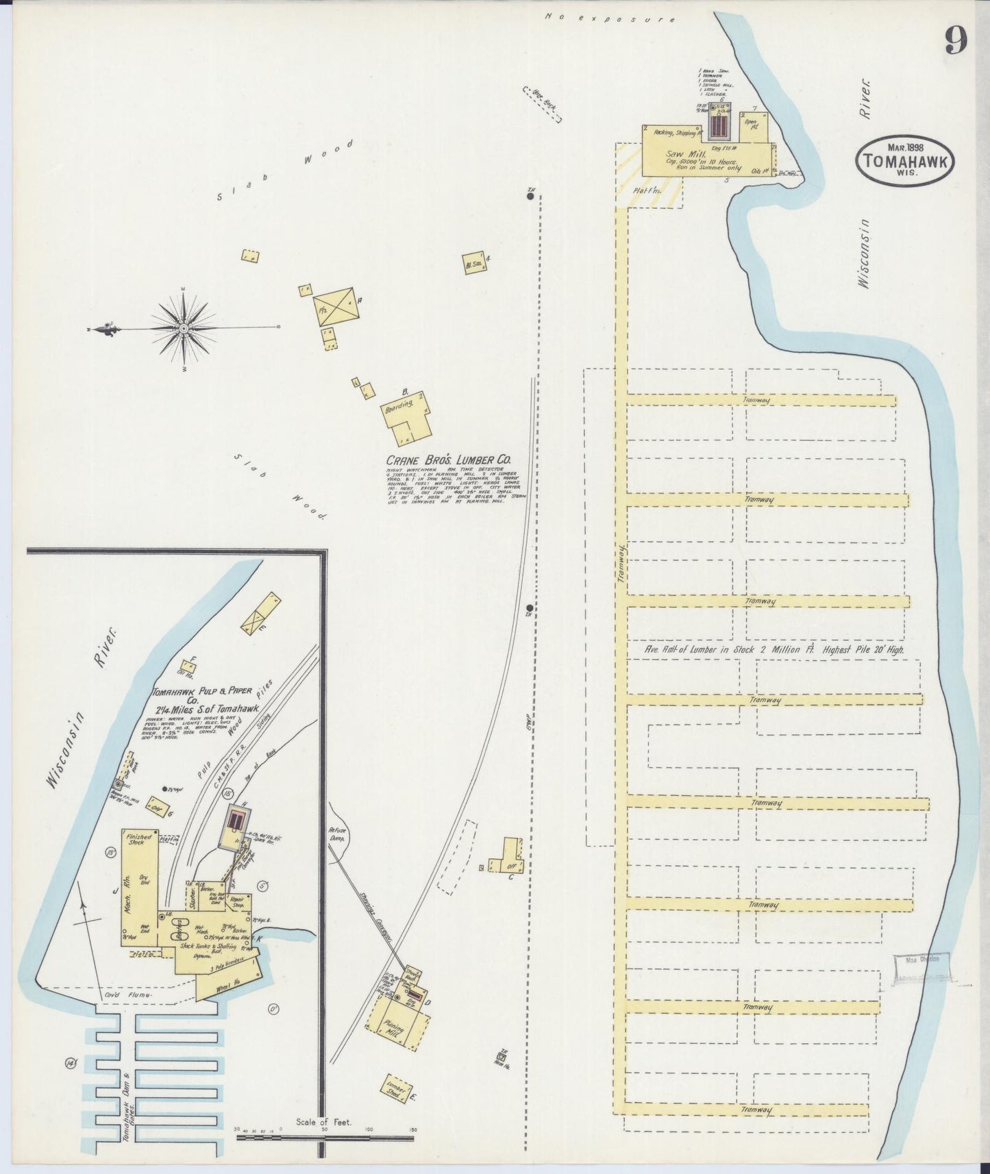 Sanborn Fire Insurance Map from Tomahawk, Lincoln County, Wisconsin (1898), Sheet #0009 - Historic Sanborn Fire Insurance Map Print, vintage old map wall art, antique decor, genealogy gift, Wisconsin Wisconsin map