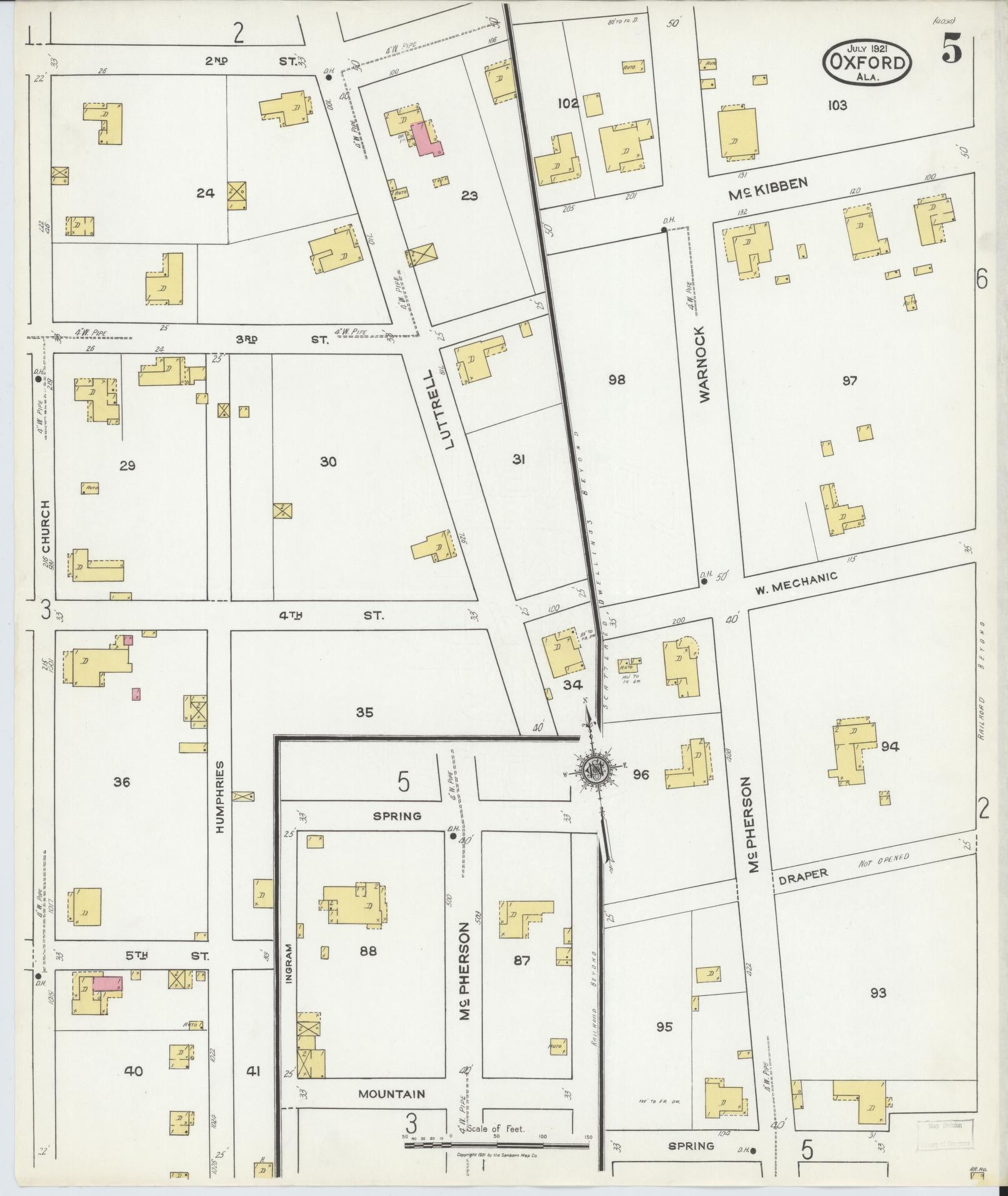 Sanborn Fire Insurance Map from Oxford, Calhoun County, Alabama (1921), Sheet #0005 - Complete Map Set gallery image, historic Sanborn map, vintage wall art, Alabama Alabama