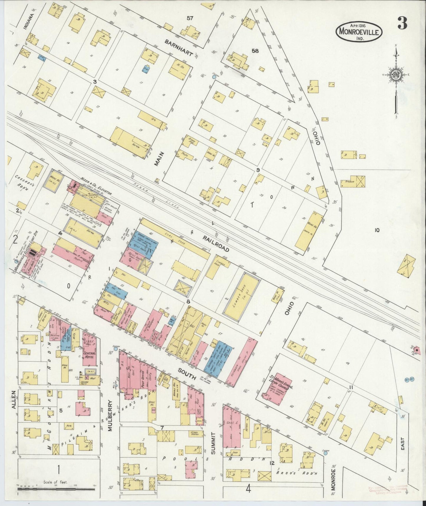 Sanborn Fire Insurance Map from Monroeville, Allen County, Indiana (1916), Sheet #0003 - Complete Map Set gallery image, historic Sanborn map, vintage wall art, Indiana Indiana