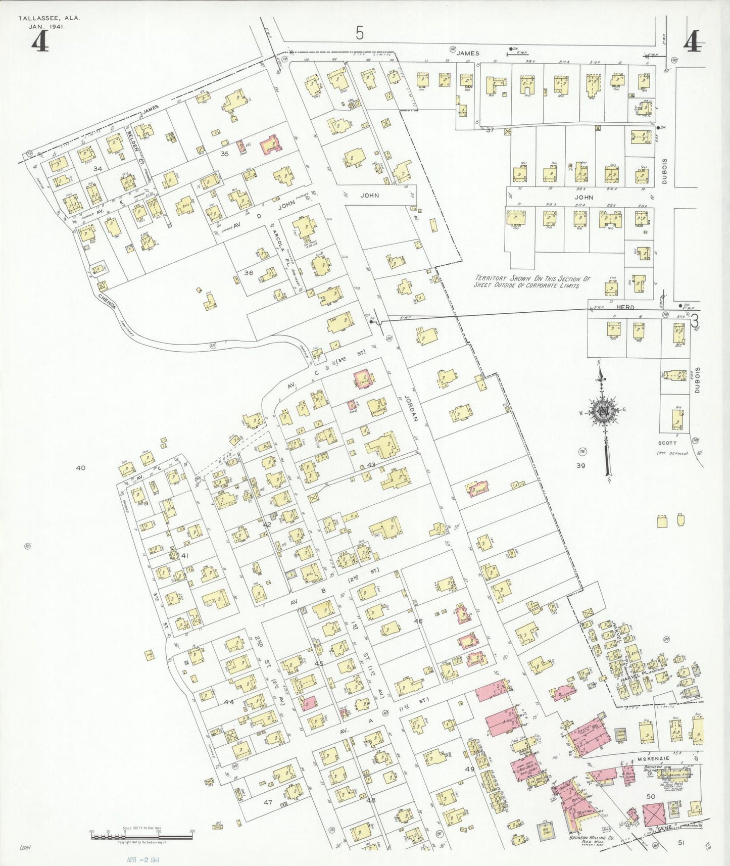 Sanborn Fire Insurance Map from Tallassee, Elmore And Tallapoosa Counties, Alabama (1941), Sheet #0004 - Complete Map Set gallery image, historic Sanborn map, vintage wall art, Alabama Alabama