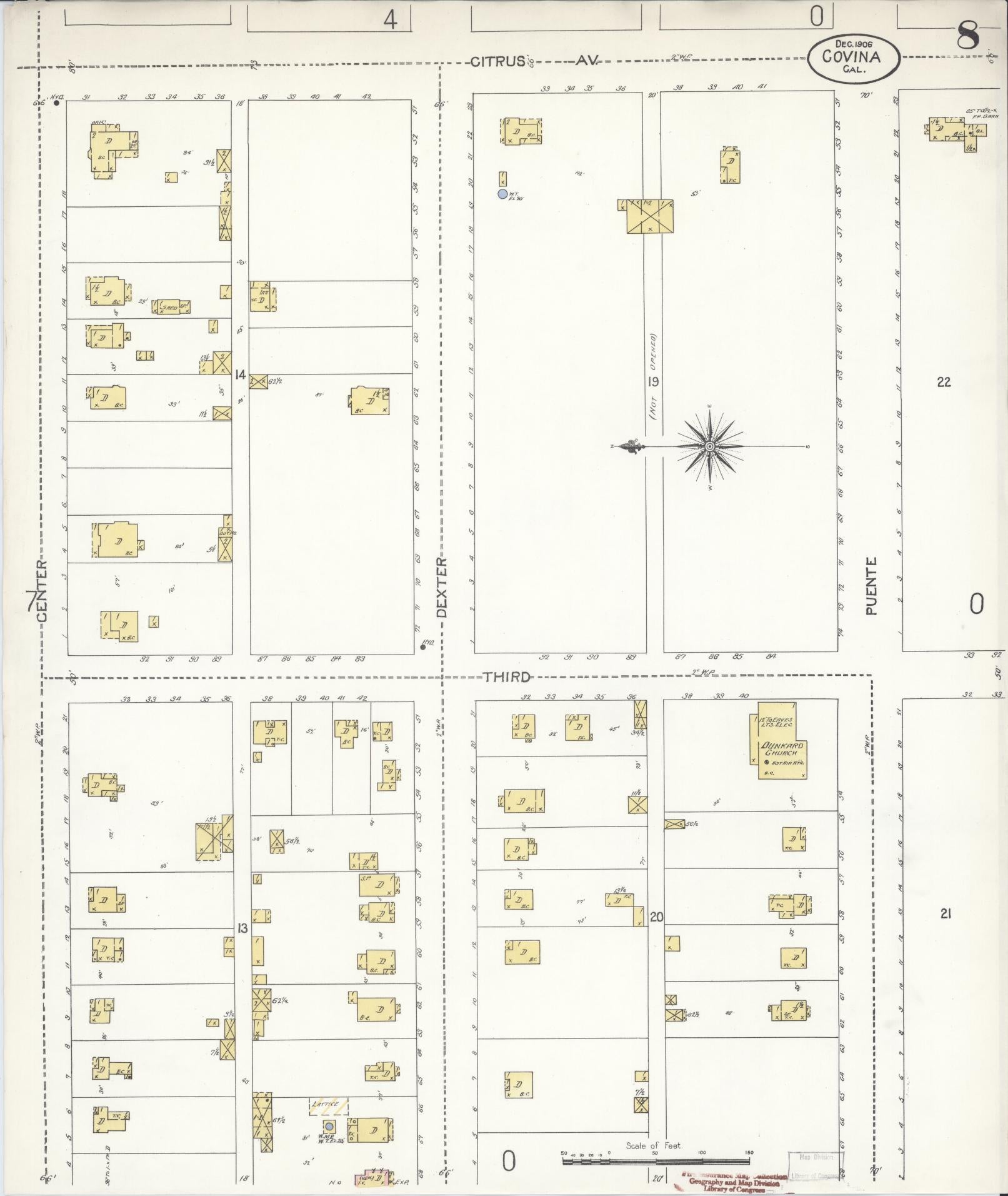 Sanborn Fire Insurance Map from Covina, Los Angeles County, California (1906), Sheet #0008 - Complete Map Set gallery image, historic Sanborn map, vintage wall art, California California