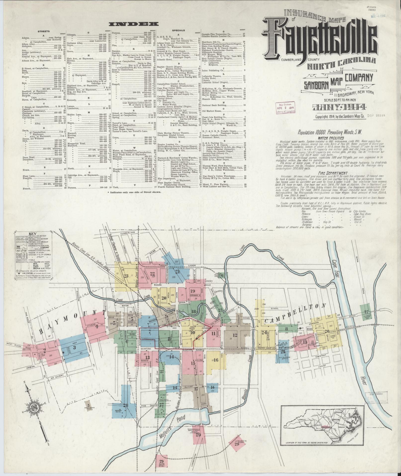 Sanborn Fire Insurance Map from Fayetteville, Cumberland County, North Carolina (1914), Sheet #0001 - Historic Sanborn Fire Insurance Map Print, vintage old map wall art, antique decor, genealogy gift, North Carolina North Carolina map