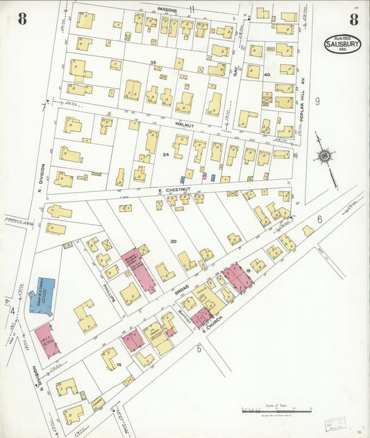 Sanborn Fire Insurance Map from Salisbury, Wicomico County, Maryland (1923), Sheet #0008 - Historic Sanborn Fire Insurance Map Print, vintage old map wall art