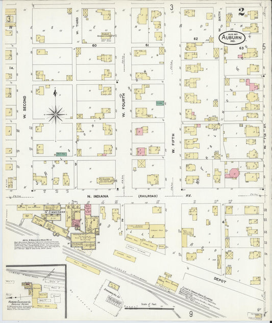 Sanborn Fire Insurance Map from Auburn, De Kalb County, Indiana (1907), Sheet #0002 - Historic Sanborn Fire Insurance Map Print, vintage old map wall art, antique decor, genealogy gift, Indiana Indiana map