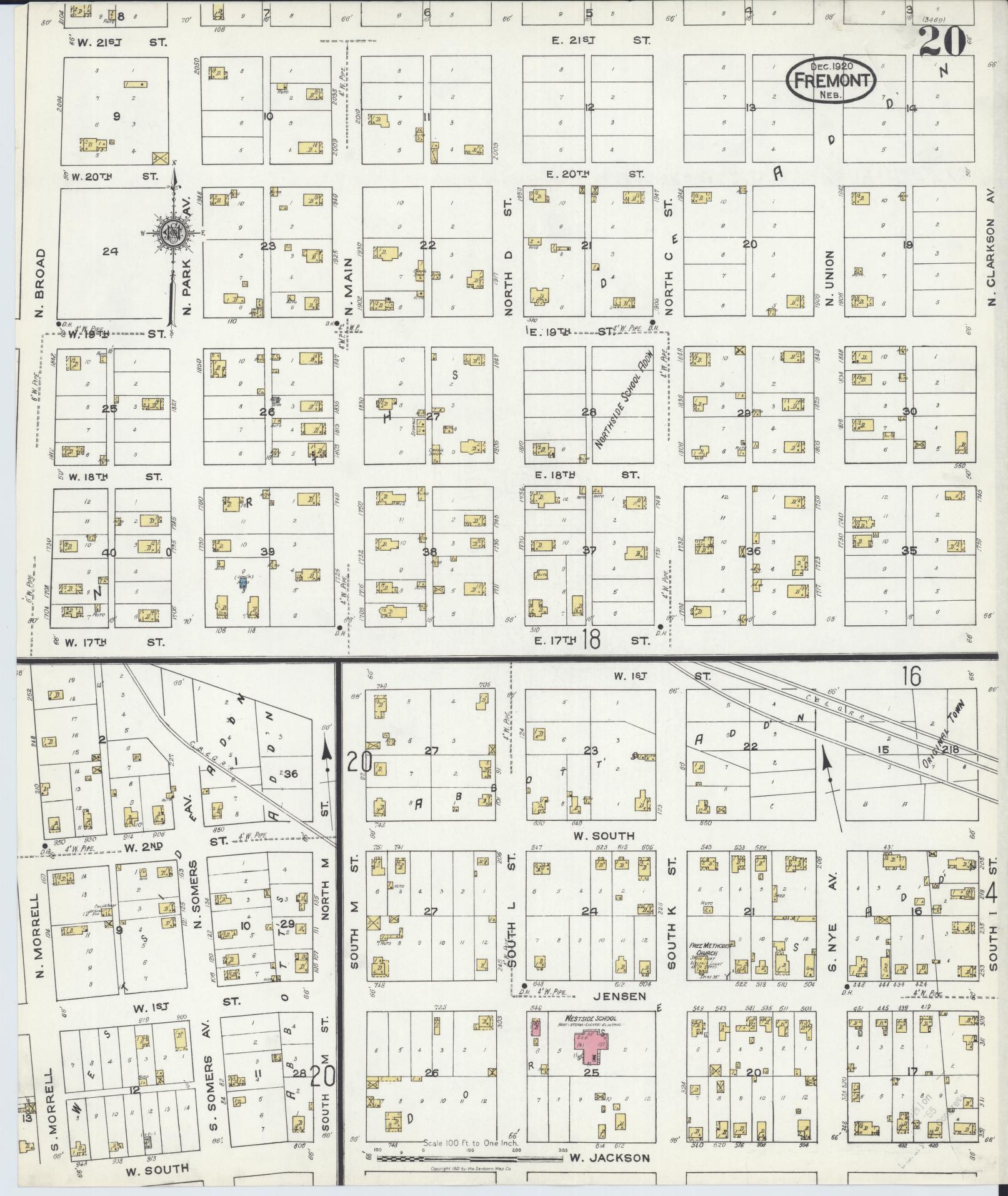 Sanborn Fire Insurance Map from Fremont, Dodge County, Nebraska (1920), Sheet #0020 - Historic Sanborn Fire Insurance Map Print, vintage old map wall art, antique decor, genealogy gift, Nebraska Nebraska map