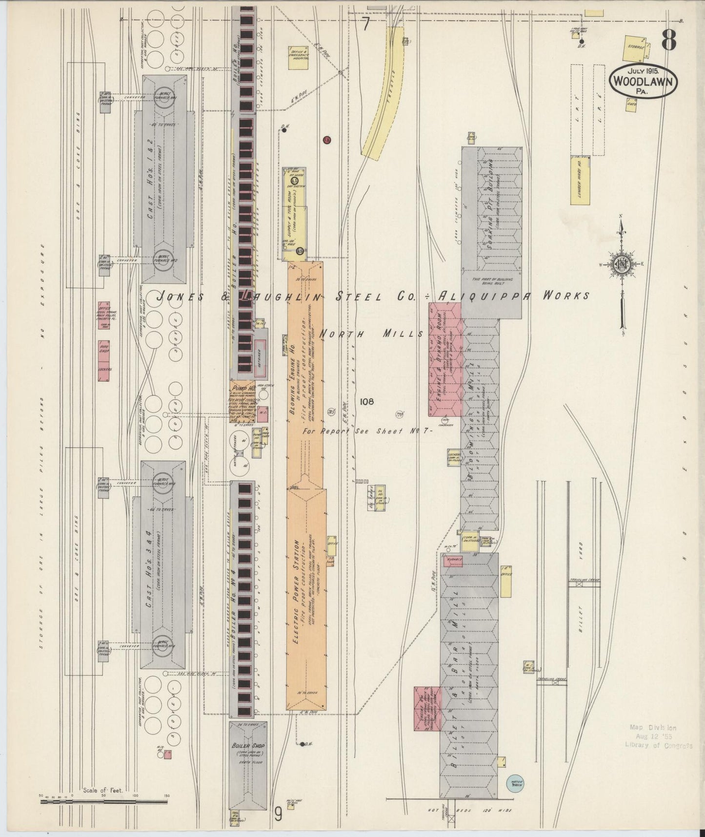 Sanborn Fire Insurance Map from Woodlawn, Beaver County, Pennsylvania (1915), Sheet #0008 - Historic Sanborn Fire Insurance Map Print, vintage old map wall art, antique decor, genealogy gift, Pennsylvania Pennsylvania map