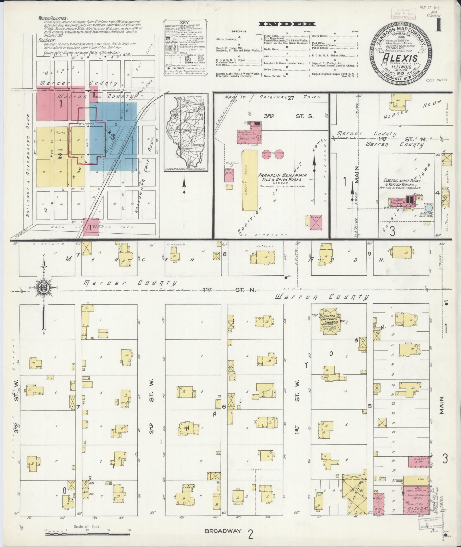 Sanborn Fire Insurance Map from Alexis, Warren County, Illinois (1913), Sheet #0001 - Historic Sanborn Fire Insurance Map Print, vintage old map wall art, antique decor, genealogy gift, Illinois Illinois map