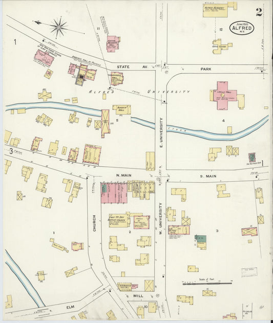 Sanborn Fire Insurance Map from Alfred, Allegany County, New York (1909), Sheet #0002 - Historic Sanborn Fire Insurance Map Print, vintage old map wall art, antique decor, genealogy gift, New York New York map