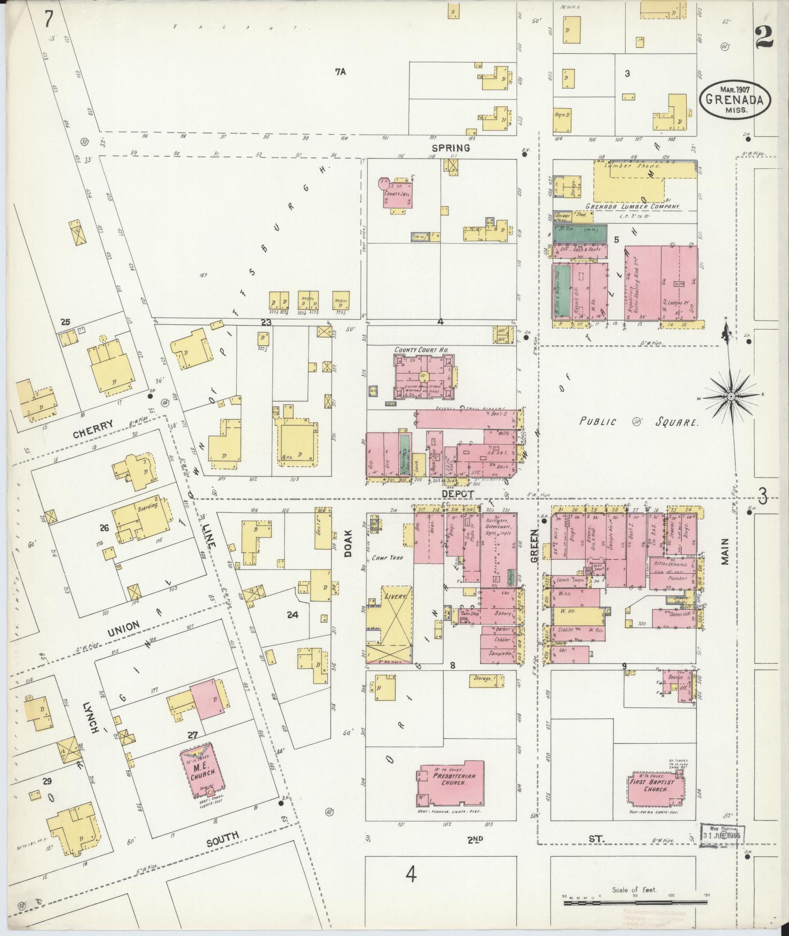 Sanborn Fire Insurance Map from Grenada, Grenada County, Mississippi (1907), Sheet #0002 - Complete Map Set gallery image, historic Sanborn map, vintage wall art, Mississippi Mississippi