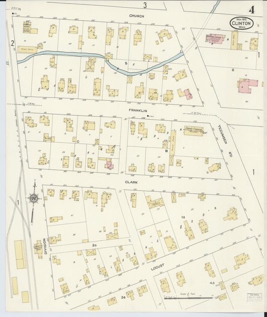 Sanborn Fire Insurance Map from Clinton, Lenawee County, Michigan (1912), Sheet #0004 - Historic Sanborn Fire Insurance Map Print, vintage old map wall art, antique decor, genealogy gift, Michigan Michigan map
