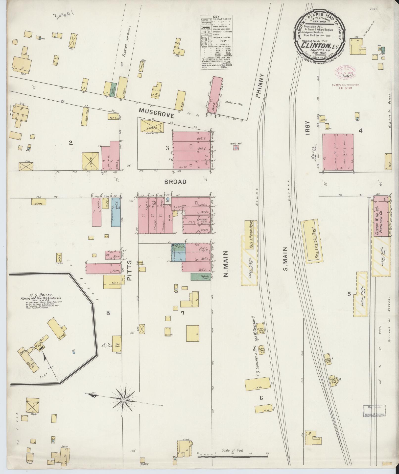 Sanborn Fire Insurance Map from Clinton, Laurens County, South Carolina (1894), Sheet #0001 - Historic Sanborn Fire Insurance Map Print, vintage old map wall art, antique decor, genealogy gift, South Carolina South Carolina map