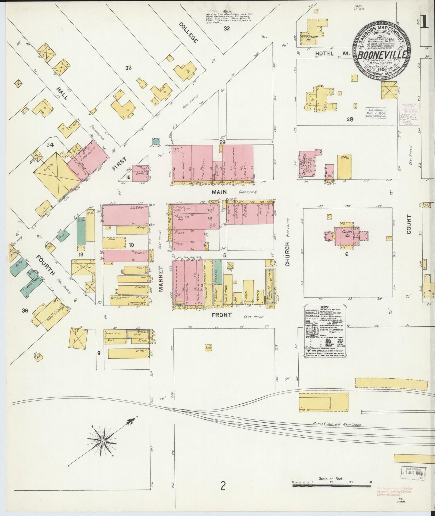 Sanborn Fire Insurance Map from Booneville, Prentiss County, Mississippi (1904), Sheet #0001 - Historic Sanborn Fire Insurance Map Print, vintage old map wall art, antique decor, genealogy gift, Mississippi Mississippi map
