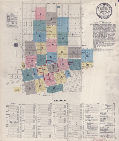 Sanborn Fire Insurance Map from Hanford, Kings County, California (1913), Sheet #0001 - Complete Map Set gallery image, historic Sanborn map, vintage wall art, California California