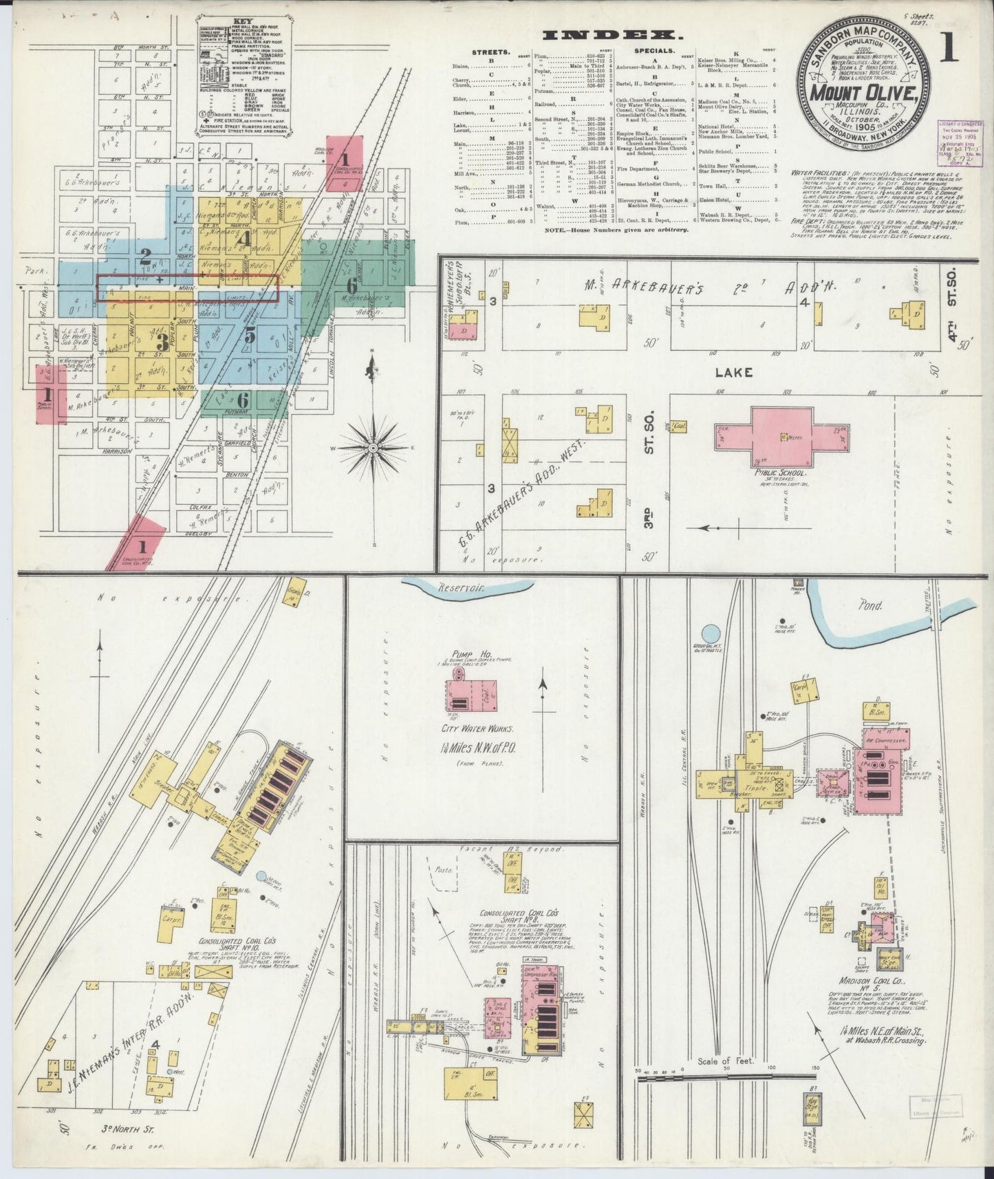 Sanborn Fire Insurance Map from Mount Olive, Macoupin County, Illinois (1905), Sheet #0001 - Complete Map Set gallery image, historic Sanborn map, vintage wall art, Illinois Illinois